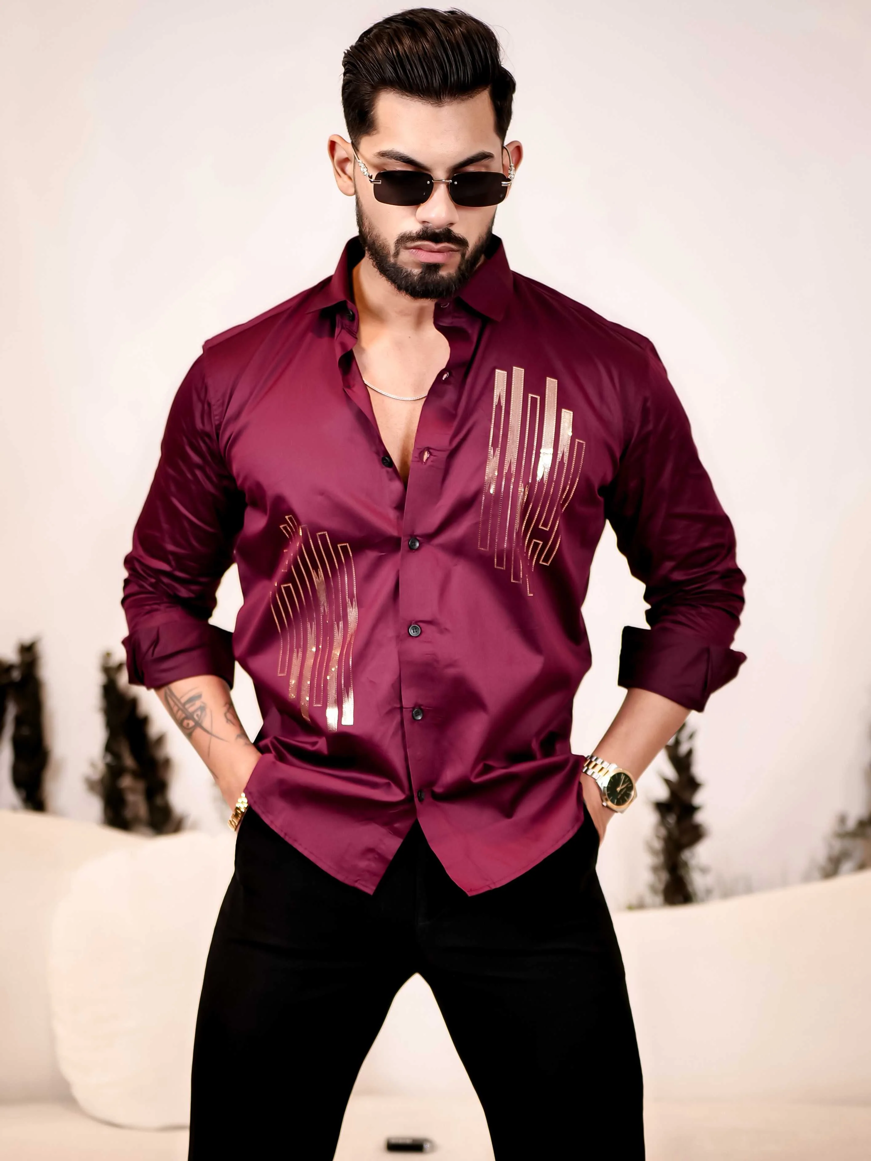 Dance Wine Sequence Club Wear Satin Cotton Party Shirt - Image 7