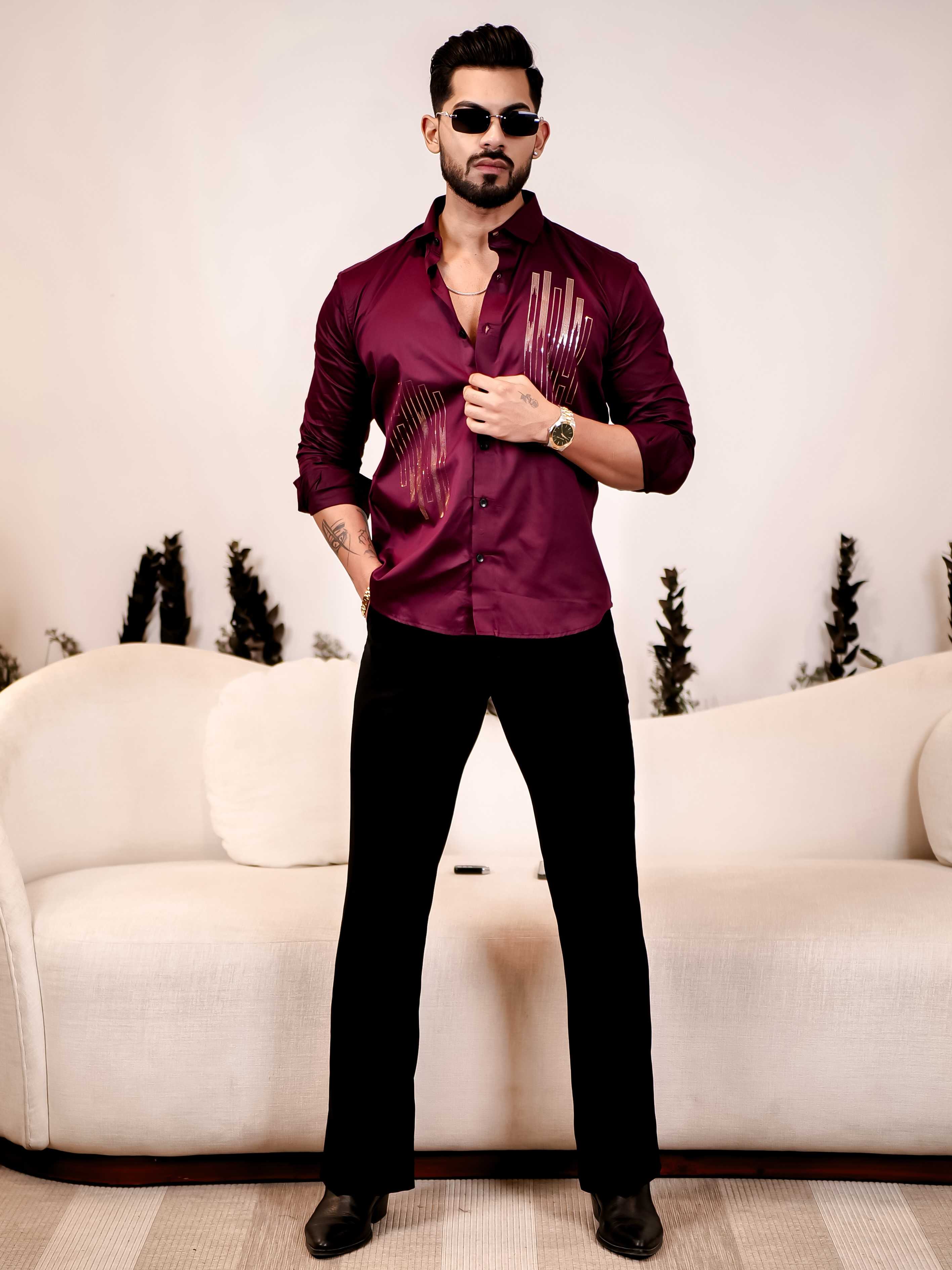 Dance Wine Sequence Club Wear Satin Cotton Party Shirt - Image 8