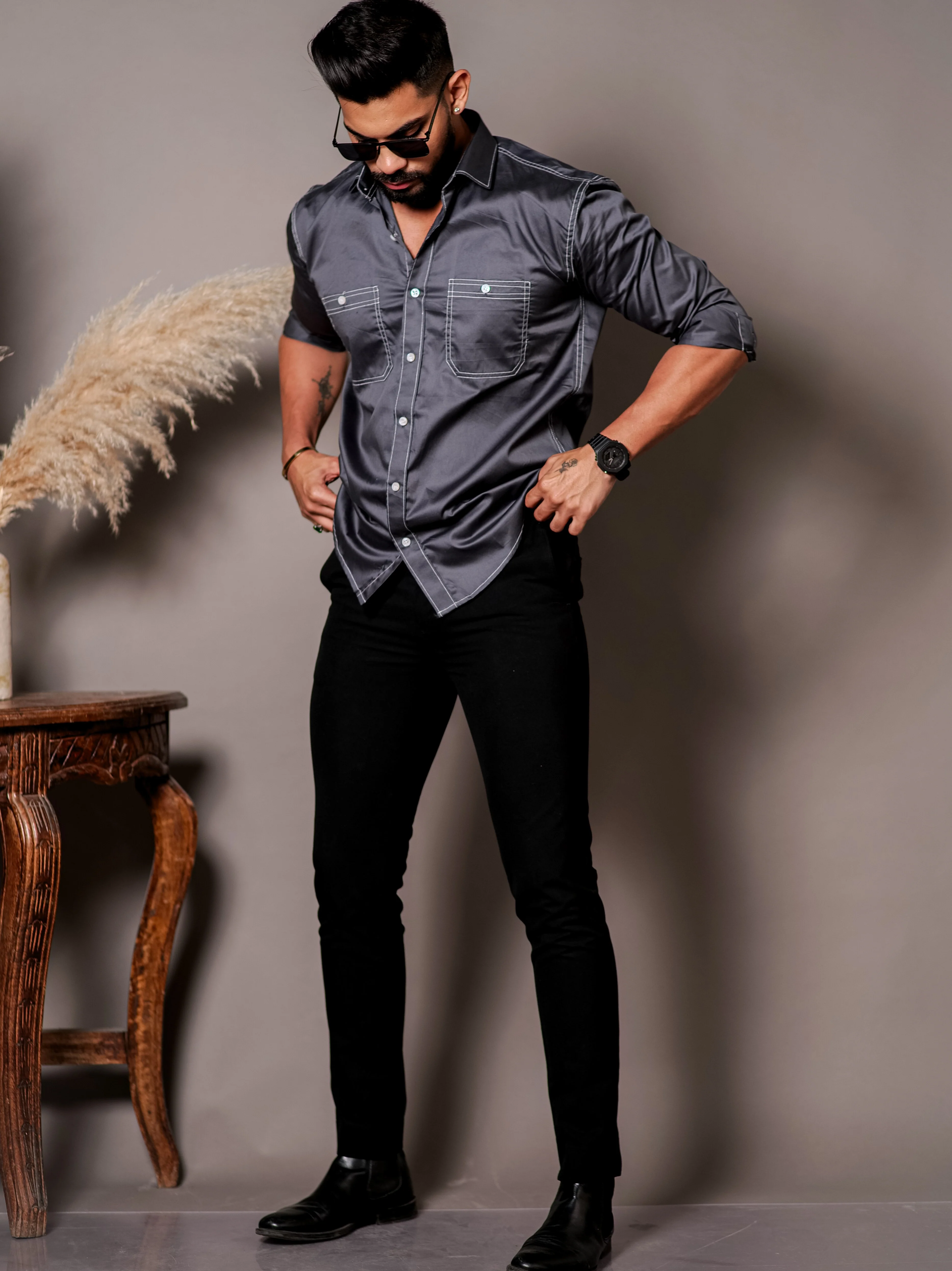 Dark Grey Designer Giza Satin Cotton Shirt - Image 5