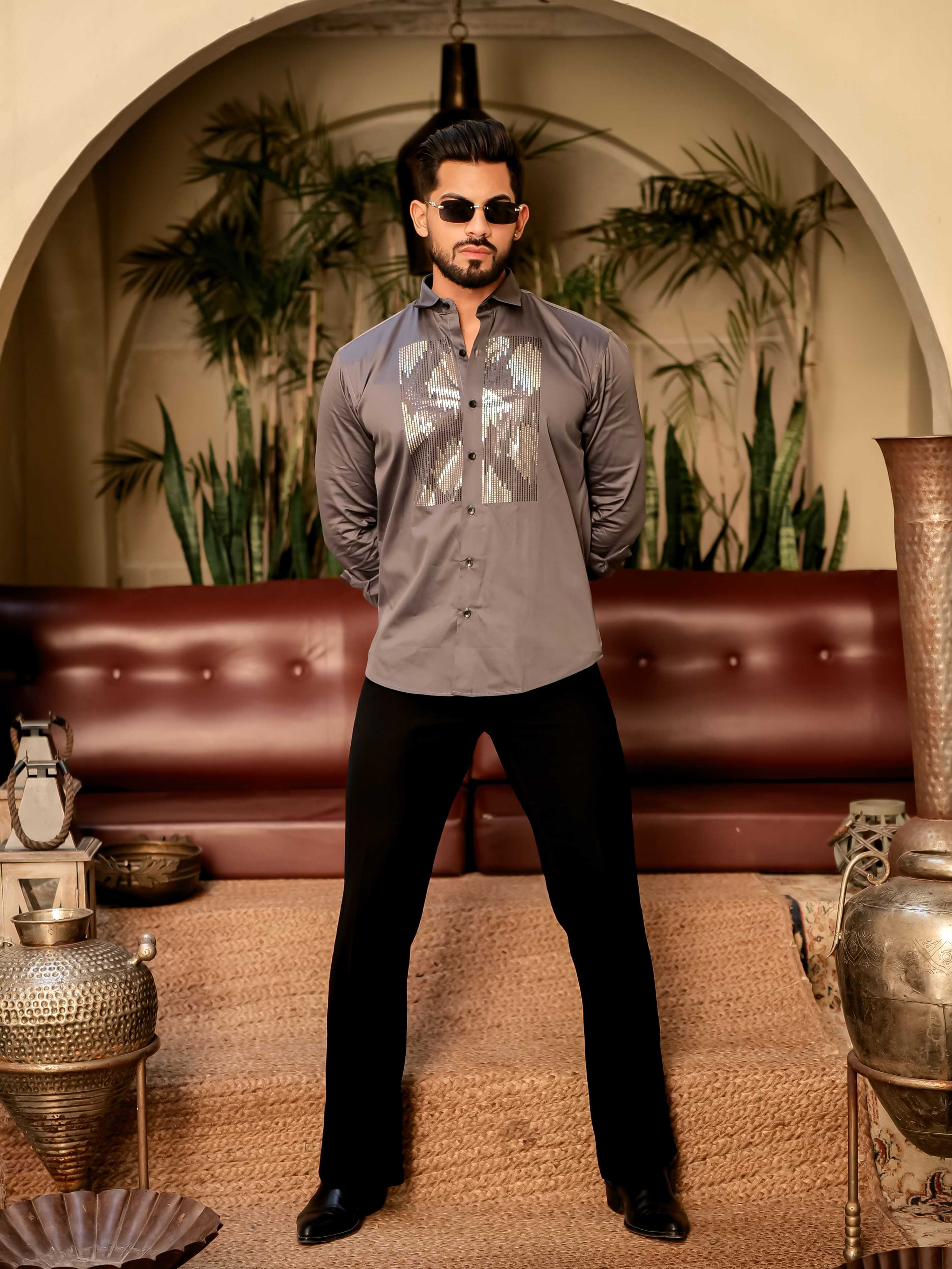Dark Grey Sequence Club Wear Satin Cotton Party Shirt - Image 10