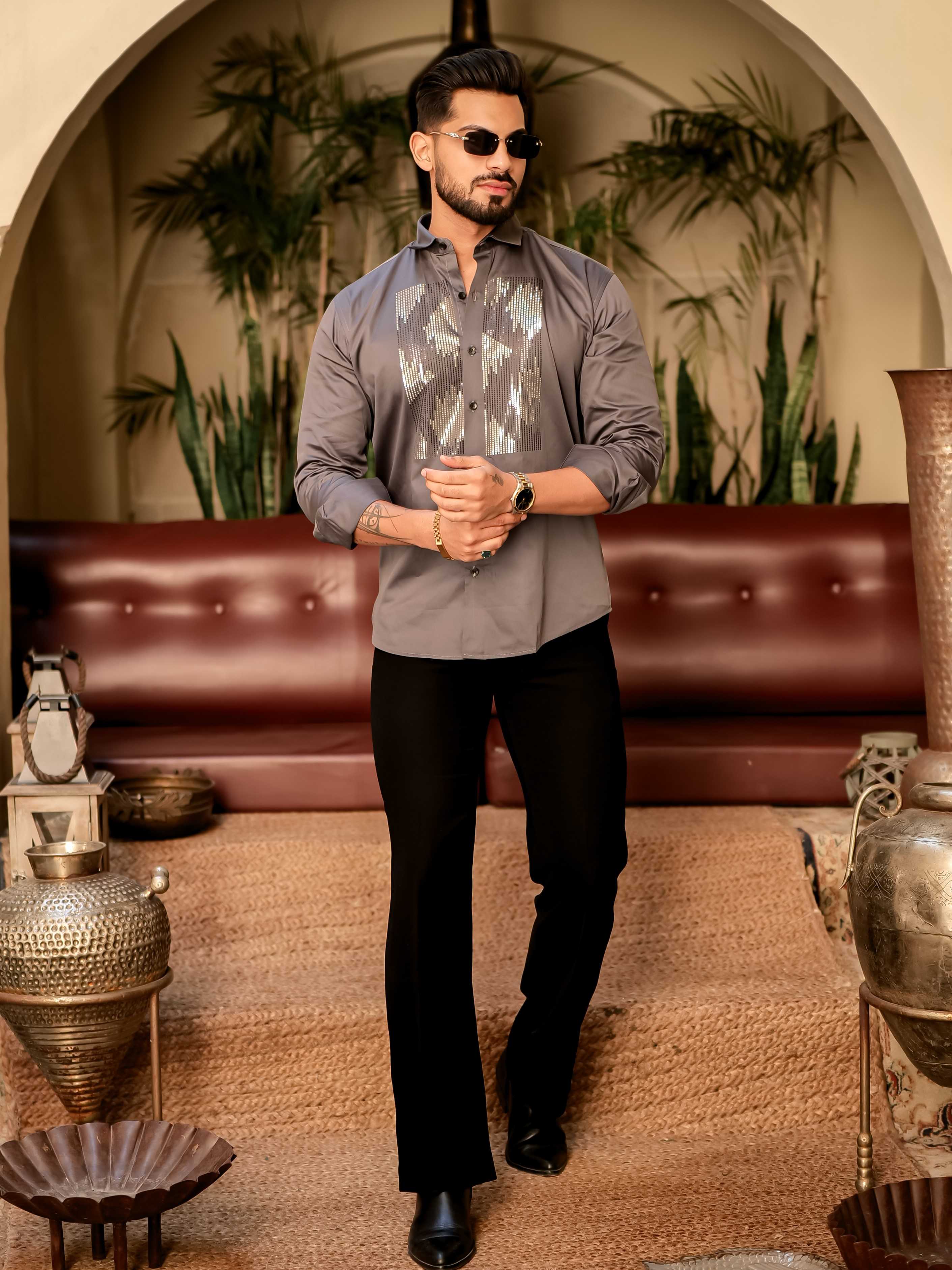 Dark Grey Sequence Club Wear Satin Cotton Party Shirt - Image 11