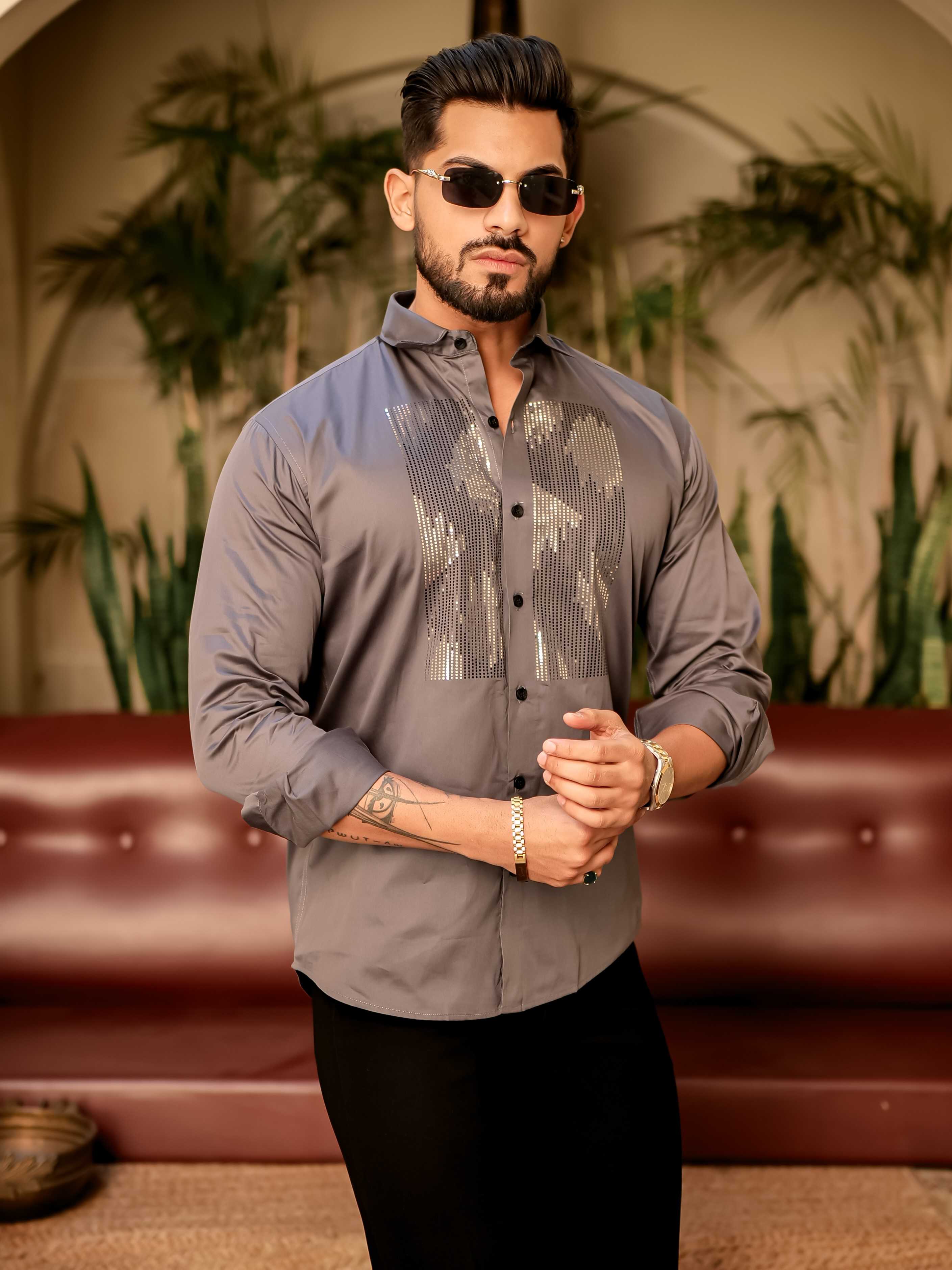 Dark Grey Sequence Club Wear Satin Cotton Party Shirt - Image 13