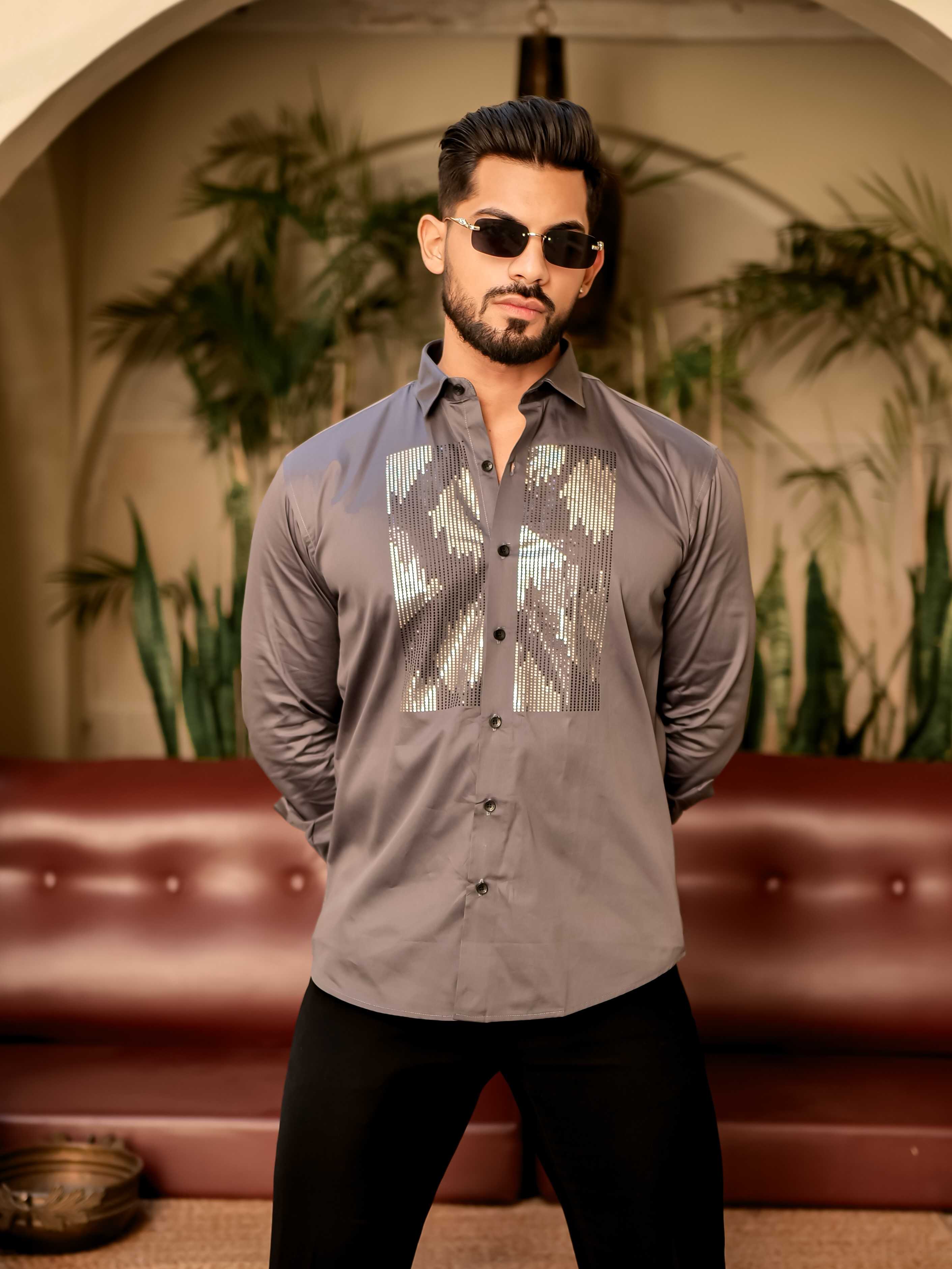 Dark Grey Sequence Club Wear Satin Cotton Party Shirt - Image 3