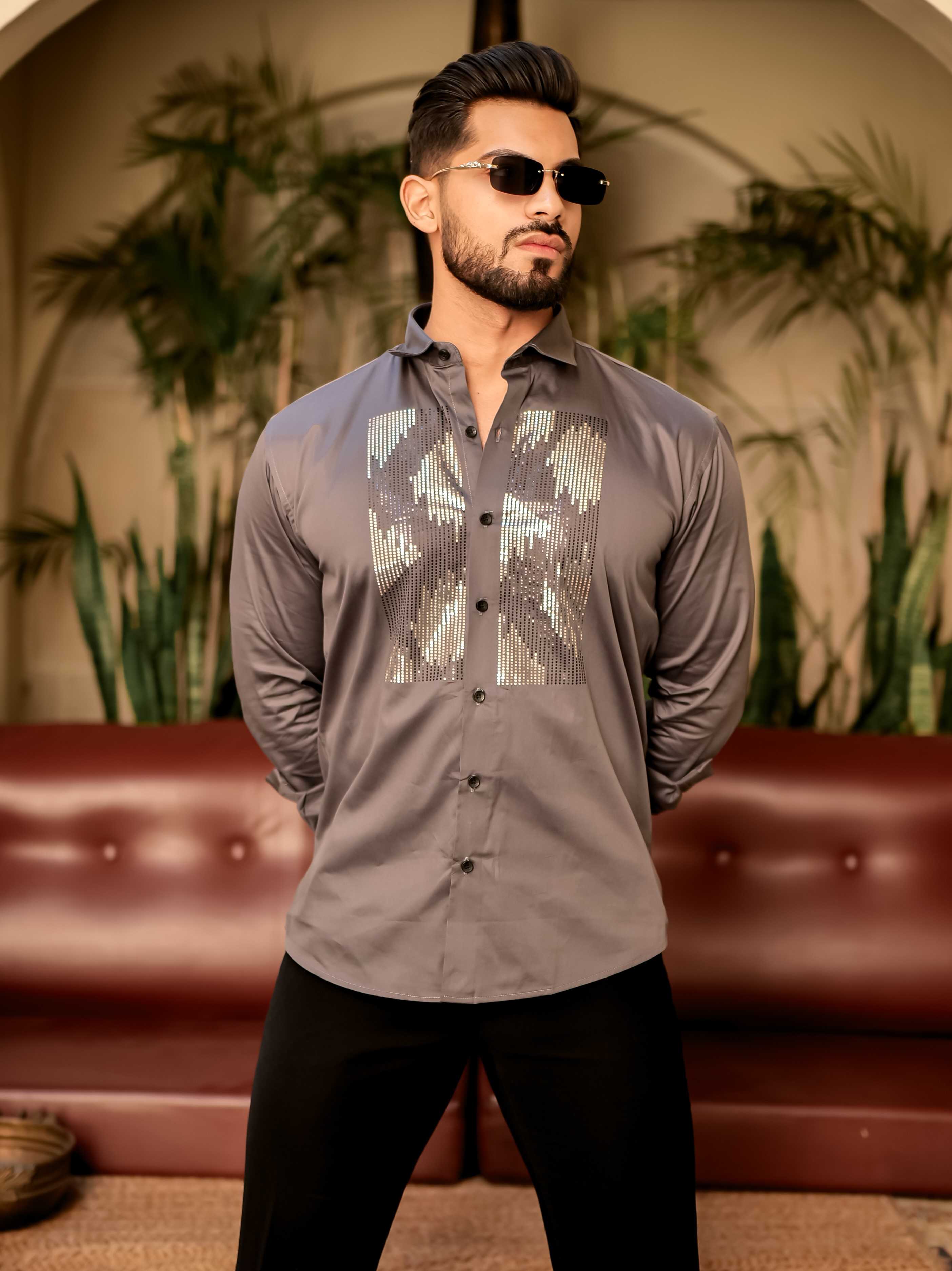 Dark Grey Sequence Club Wear Satin Cotton Party Shirt - Image 4