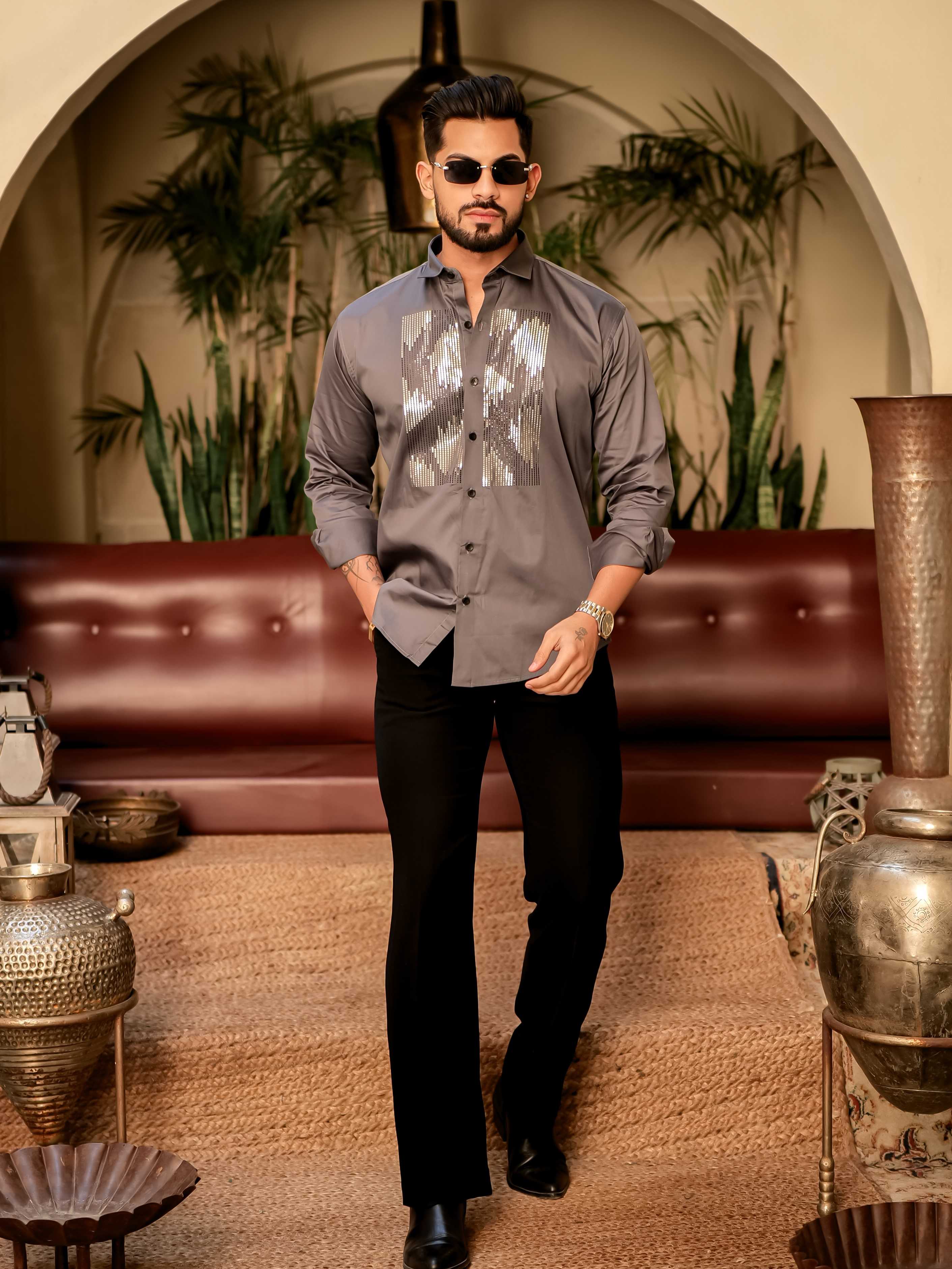 Dark Grey Sequence Club Wear Satin Cotton Party Shirt - Image 5