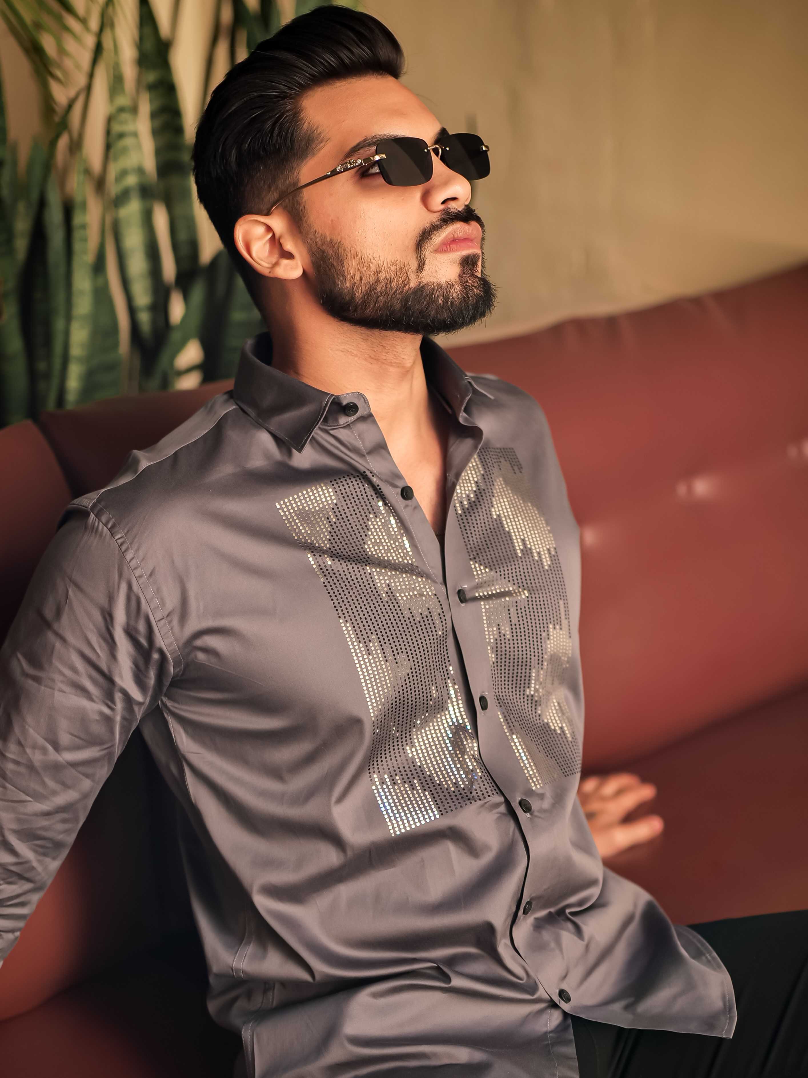 Dark Grey Sequence Club Wear Satin Cotton Party Shirt - Image 6