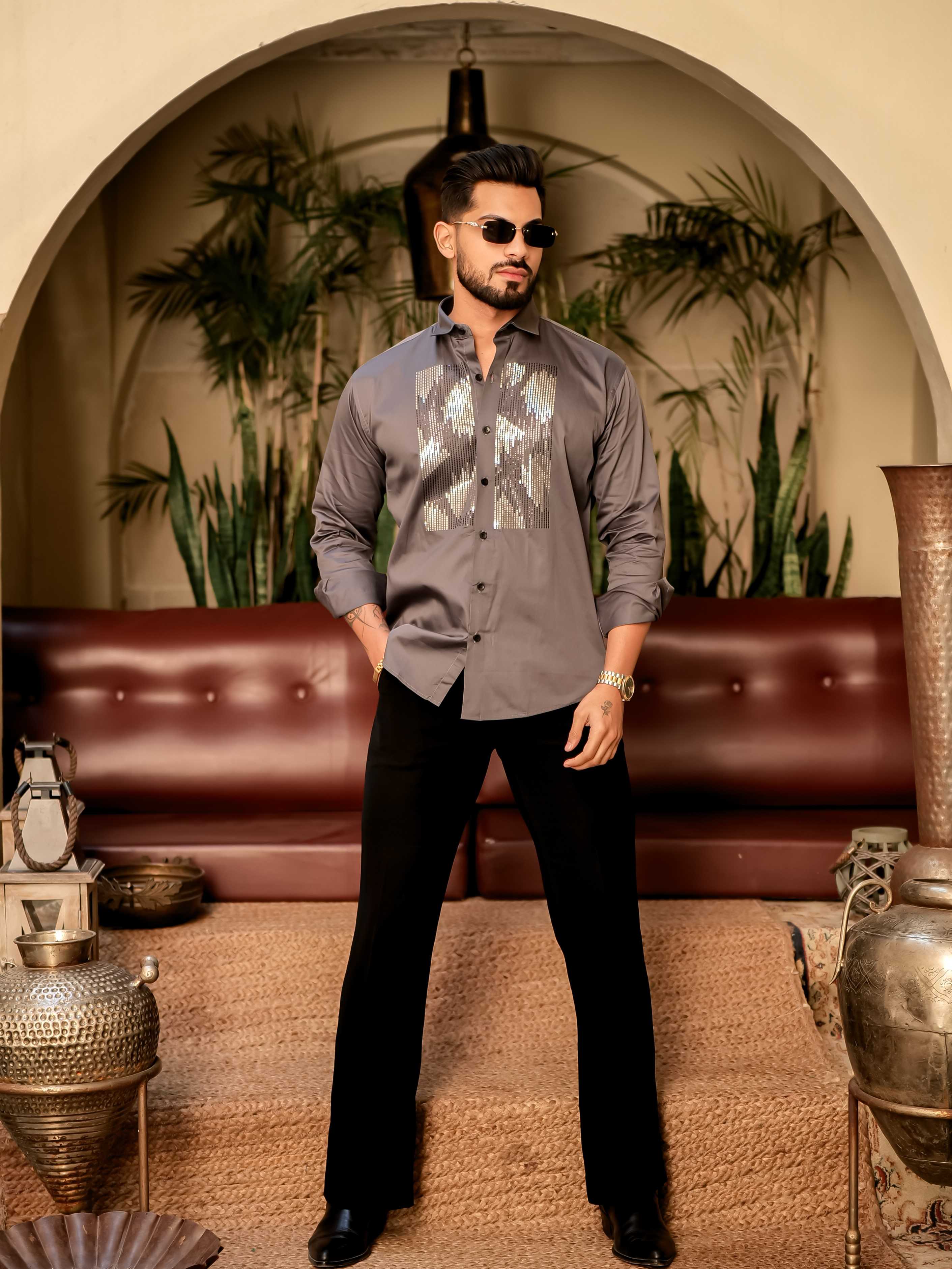 Dark Grey Sequence Club Wear Satin Cotton Party Shirt - Image 7