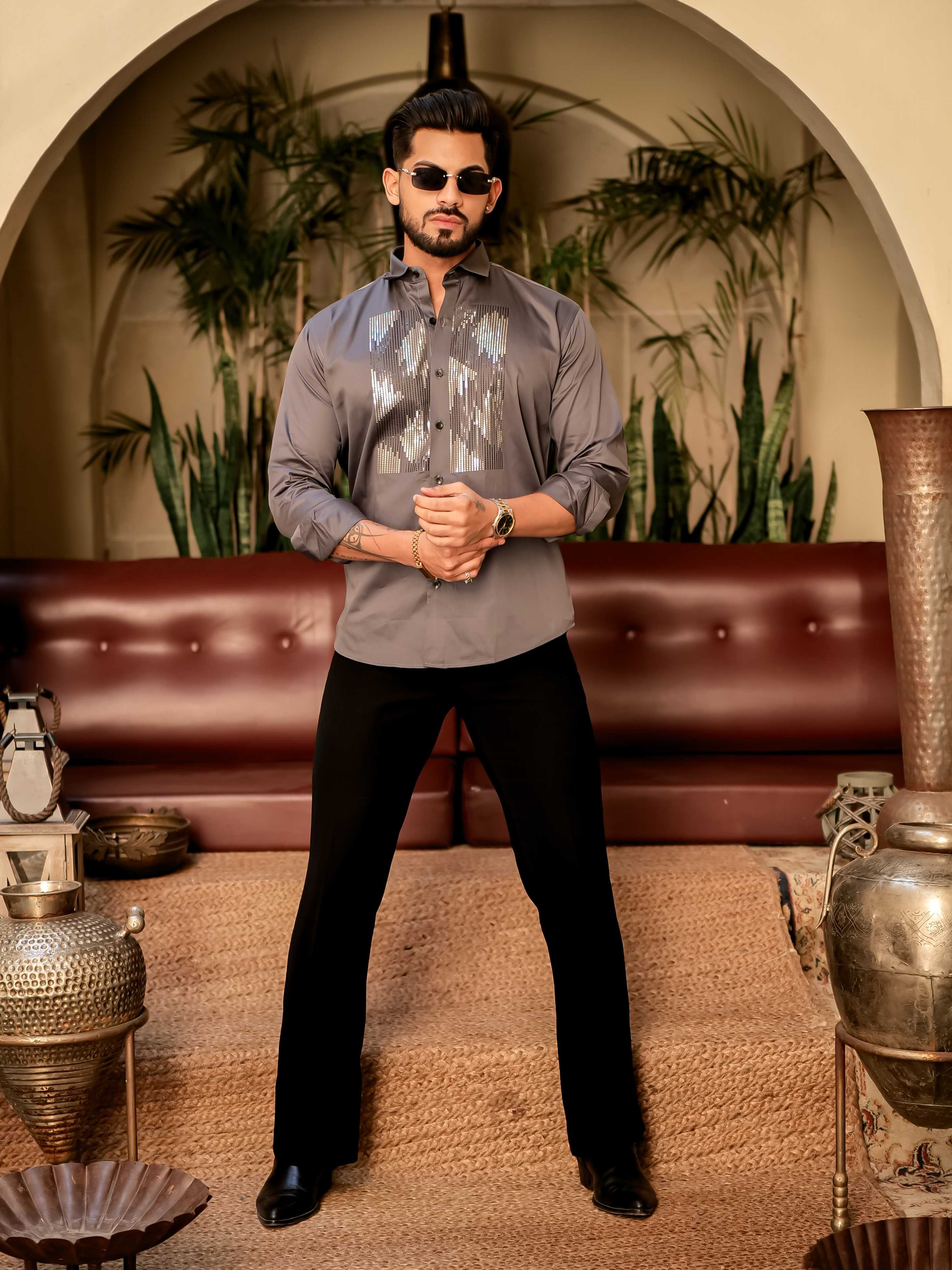 Dark Grey Sequence Club Wear Satin Cotton Party Shirt - Image 8