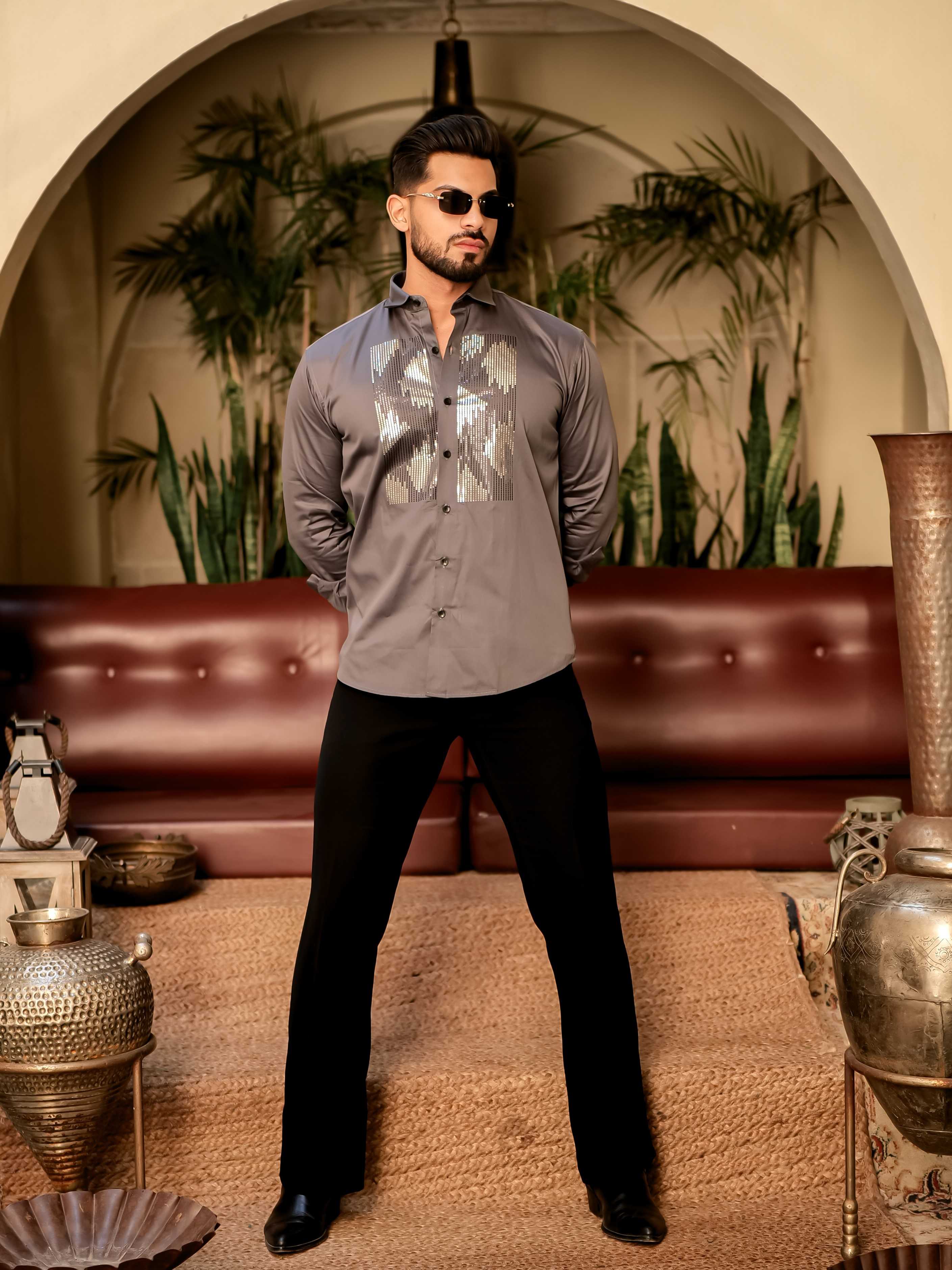 Dark Grey Sequence Club Wear Satin Cotton Party Shirt - Image 9