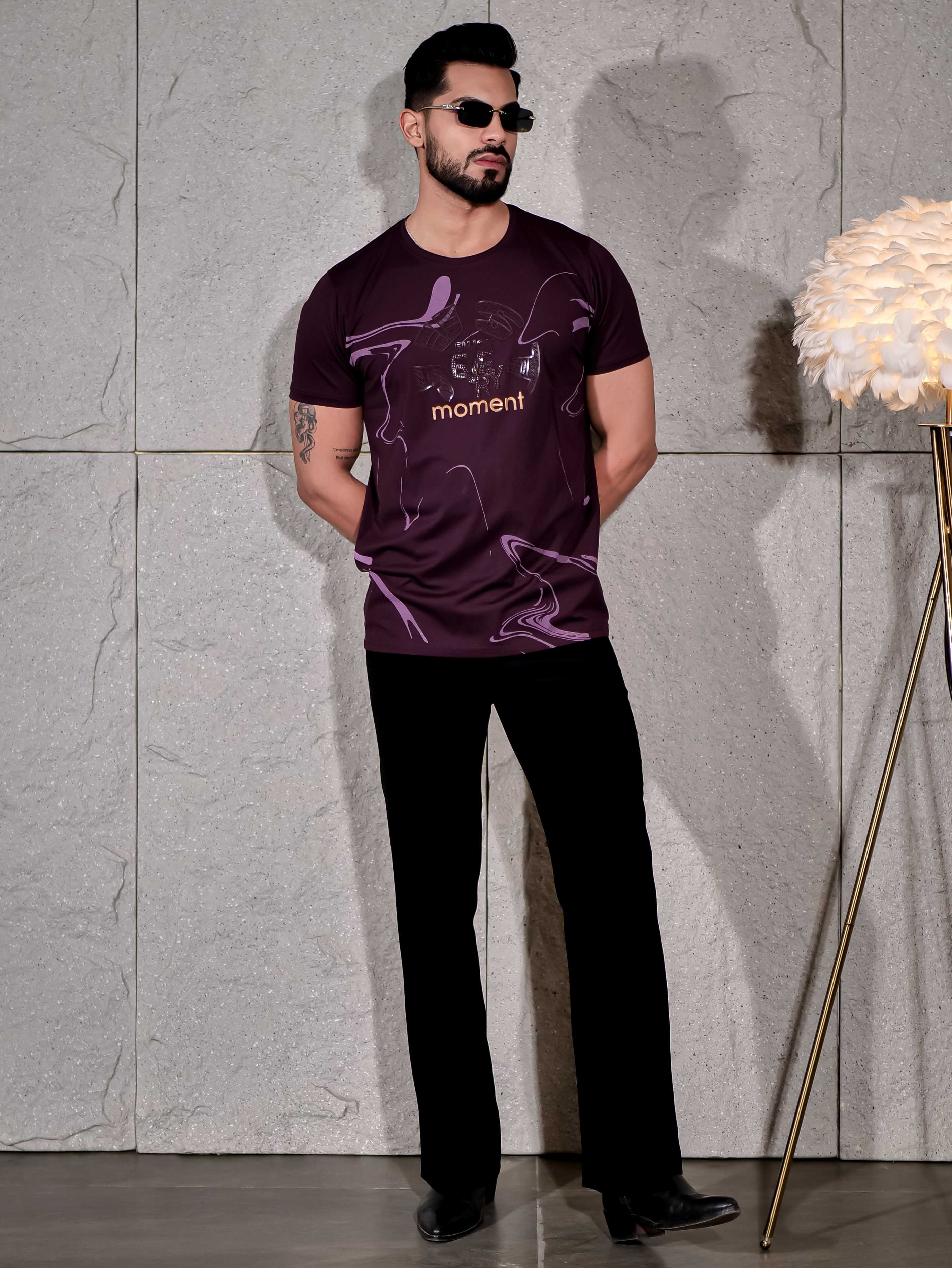 Dark Wine Round Neck Imported Cotton Half Sleeve Premium Designer T-Shirt - Image 6