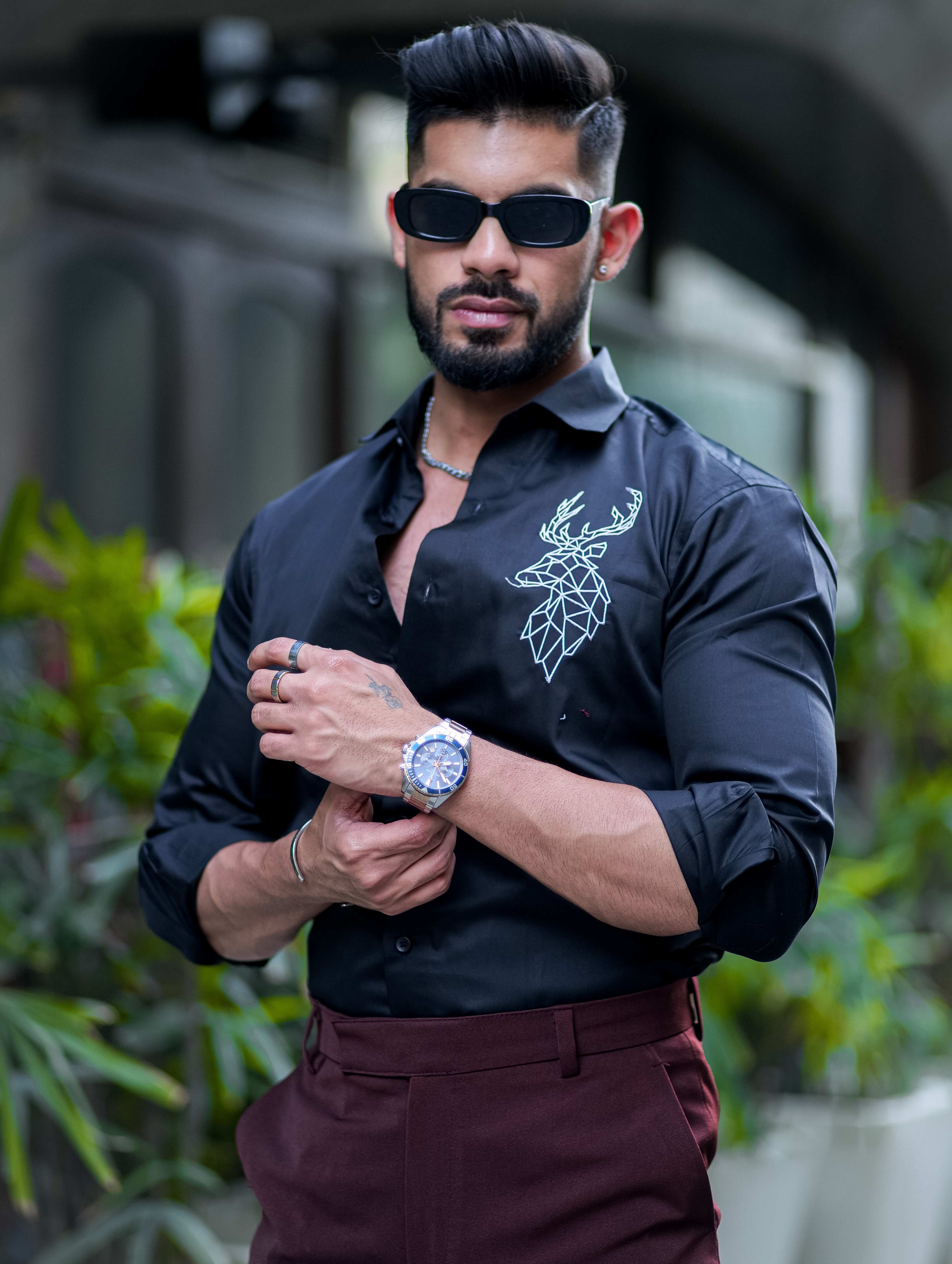 Deer Embroidered Black Premium Cotton Shirt - Image 4