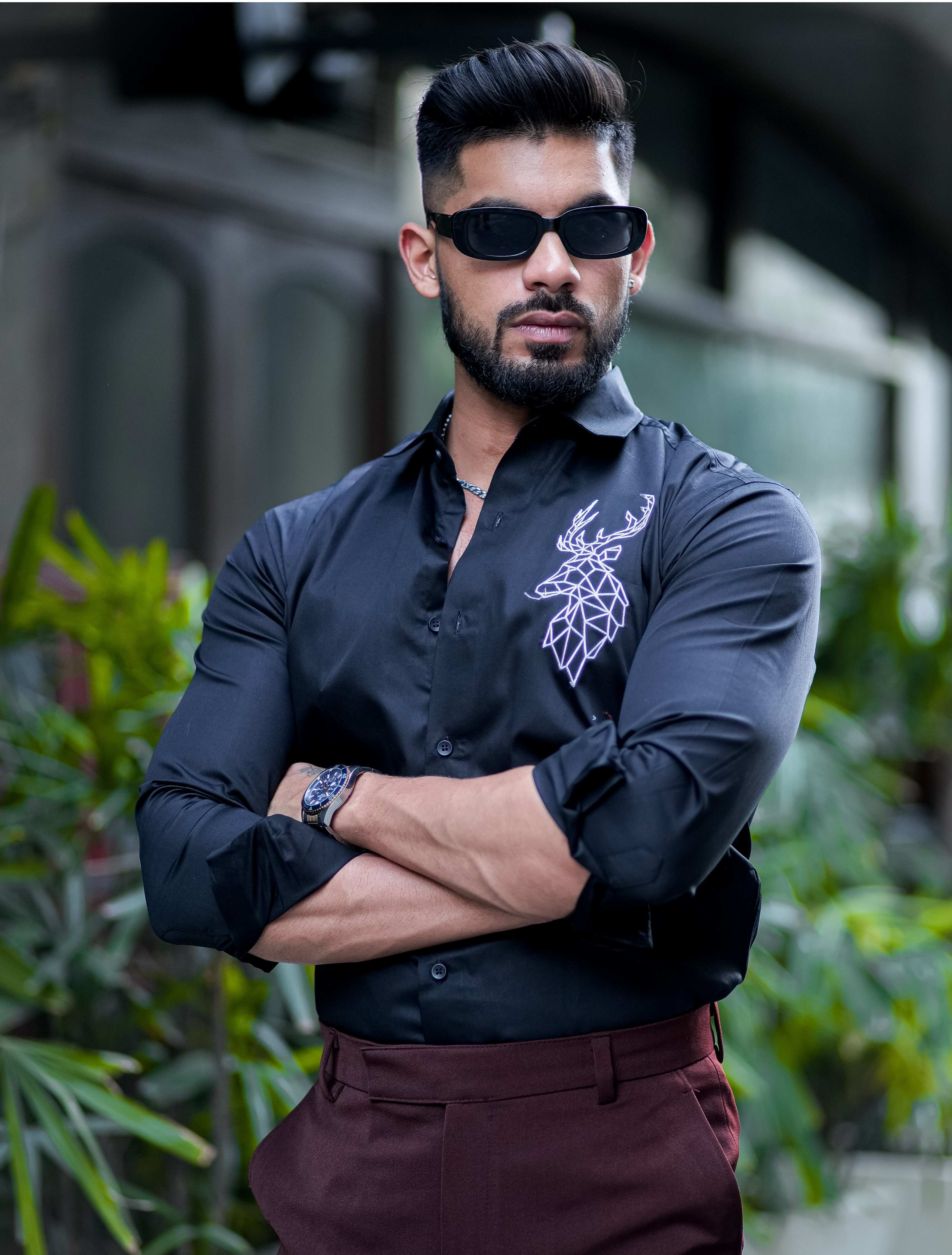 Deer Embroidered Black Premium Cotton Shirt - Image 6