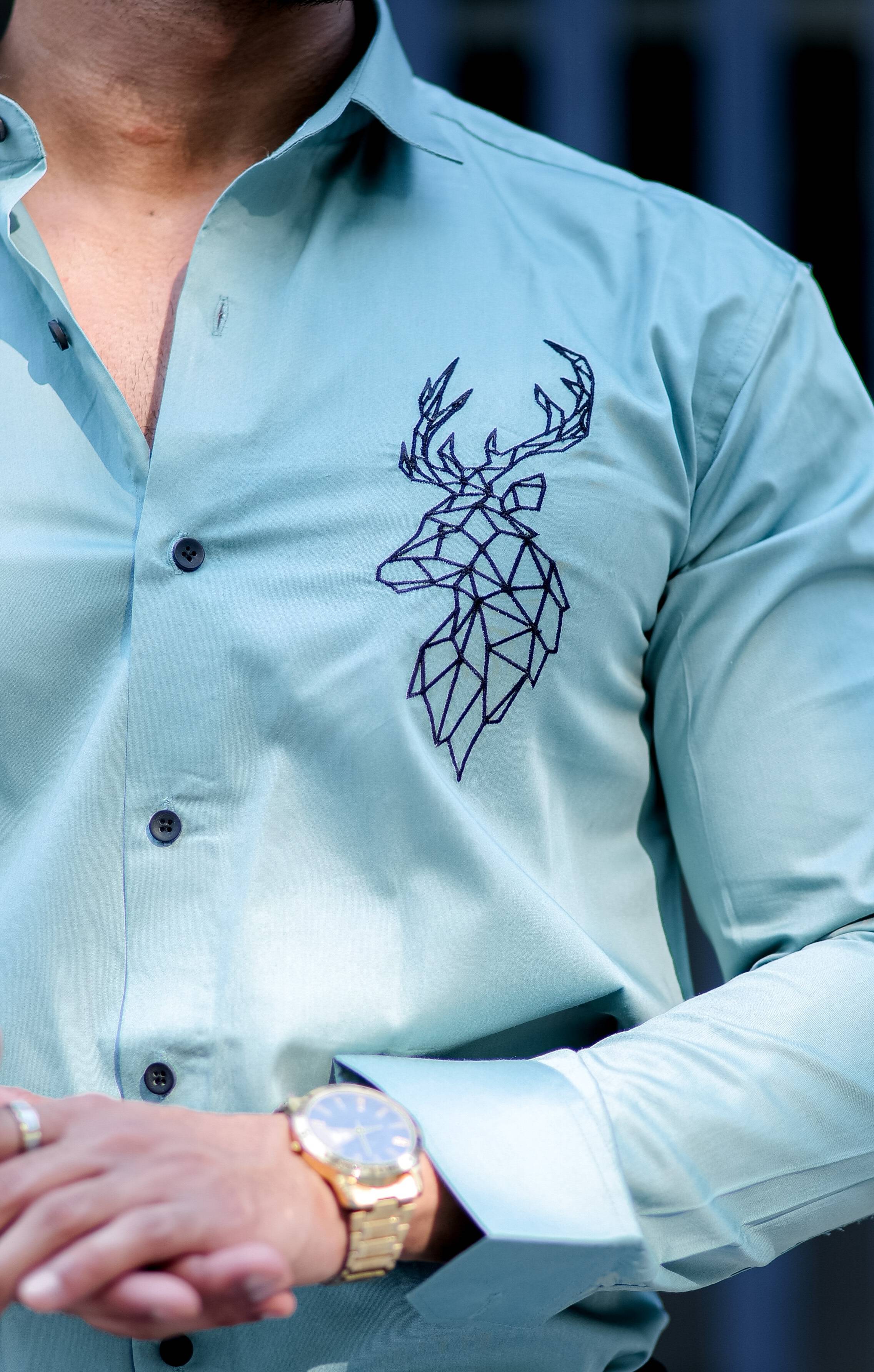 Deer Embroidered Cyan Golden Premium Cotton Shirt - Image 2