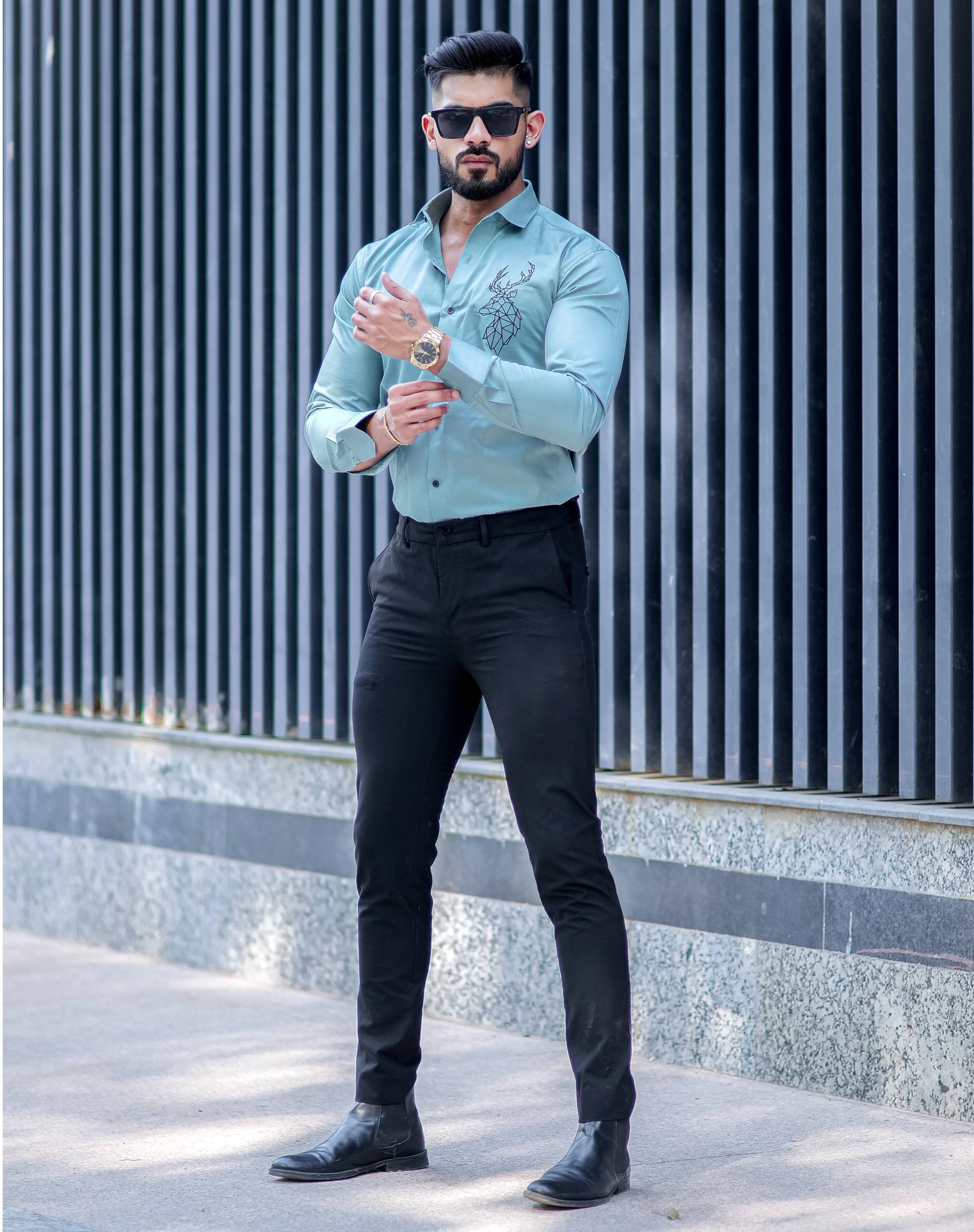 Deer Embroidered Cyan Golden Premium Cotton Shirt - Image 3