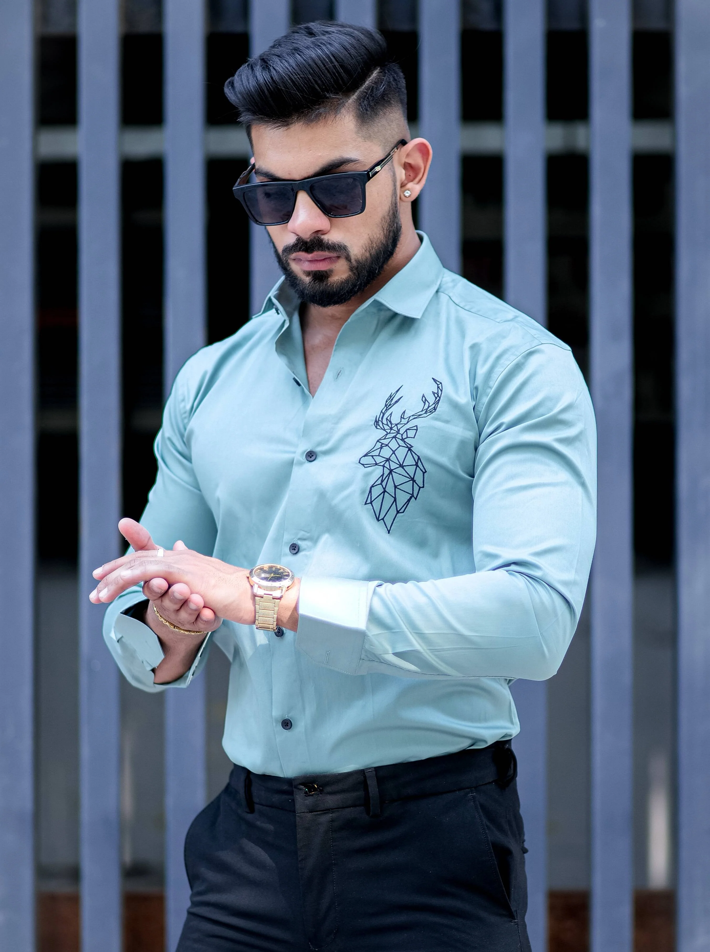 Deer Embroidered Cyan Golden Premium Cotton Shirt - Image 4