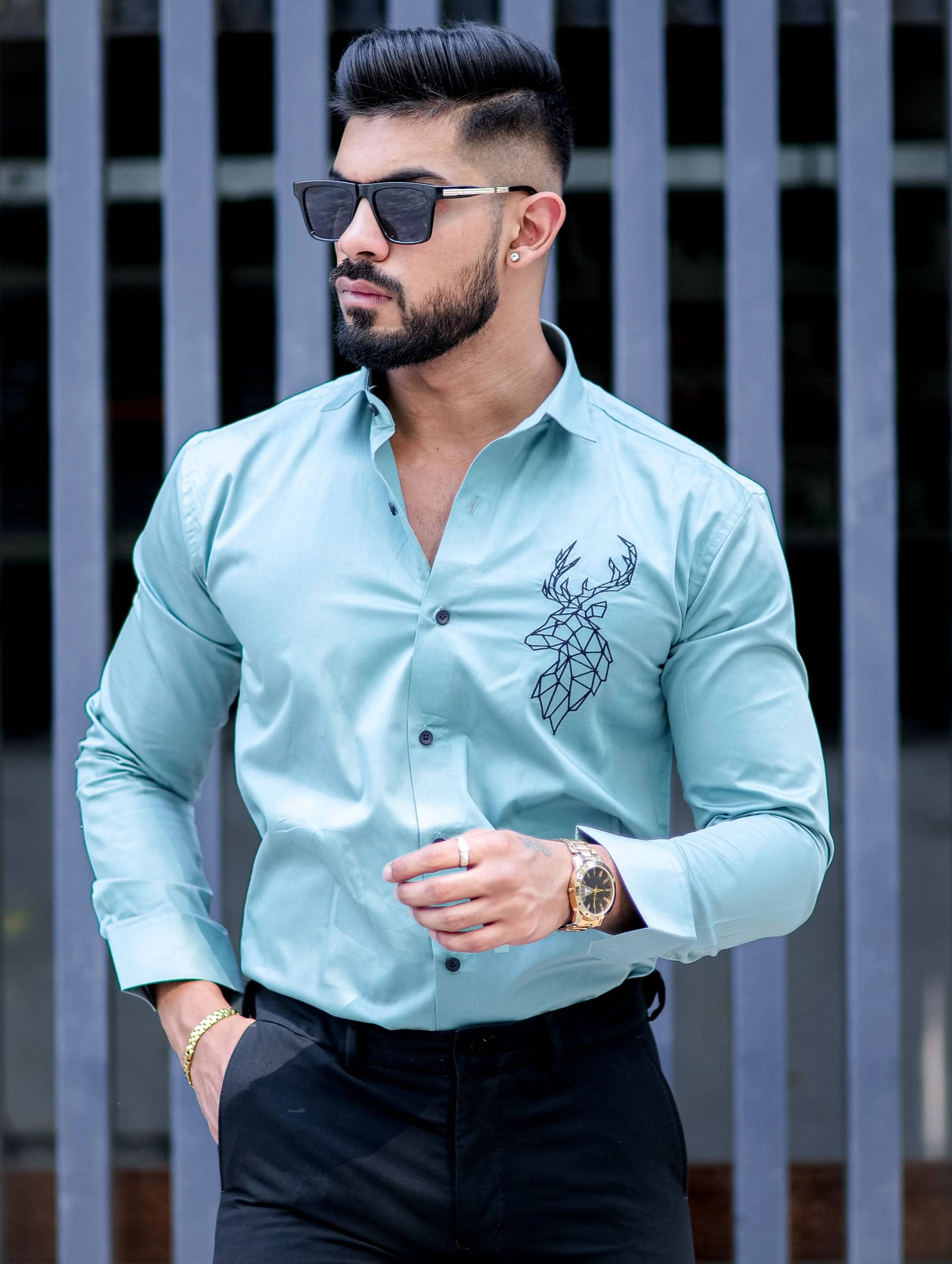 Deer Embroidered Cyan Golden Premium Cotton Shirt - Image 5