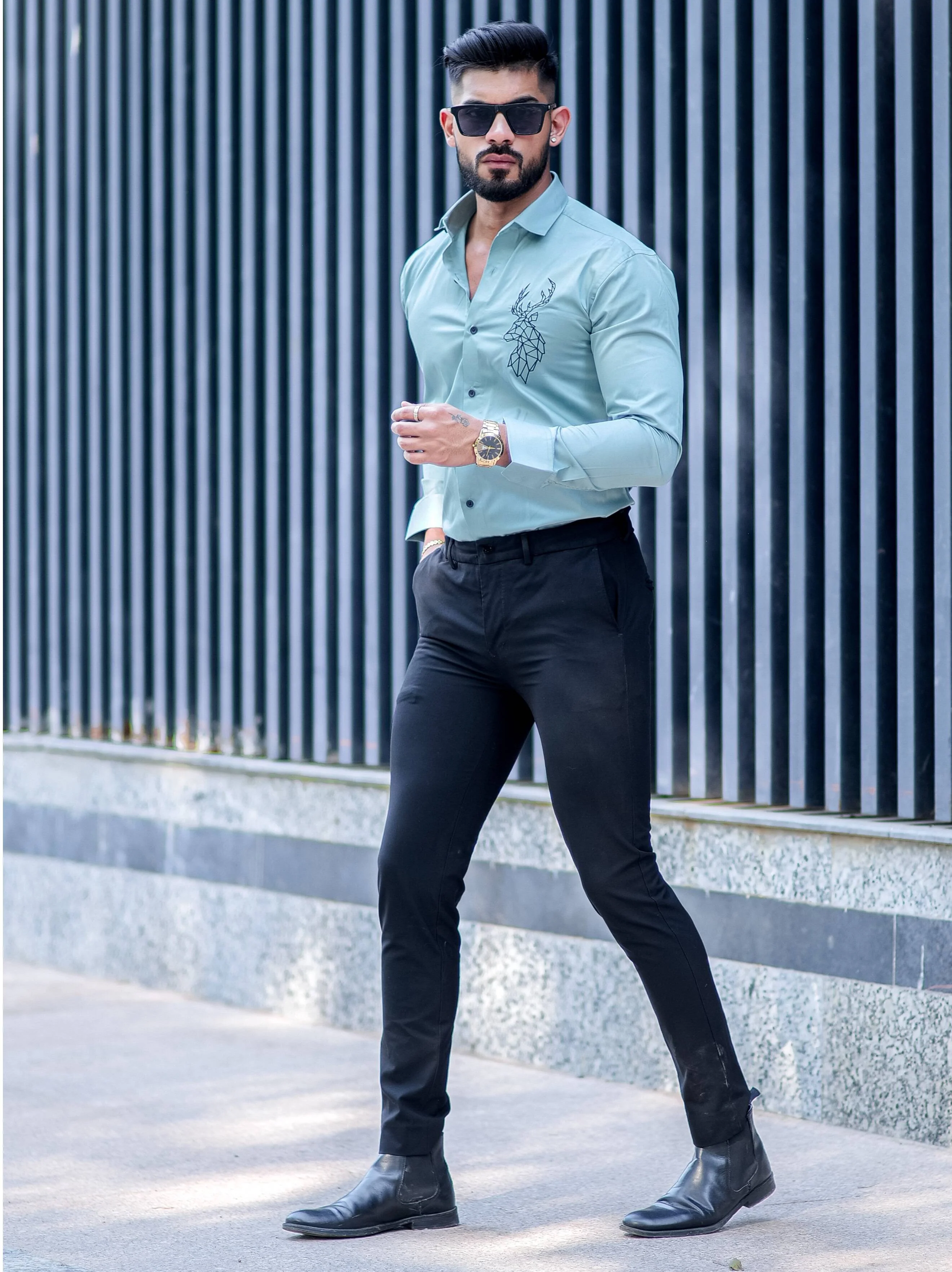 Deer Embroidered Cyan Golden Premium Cotton Shirt - Image 6