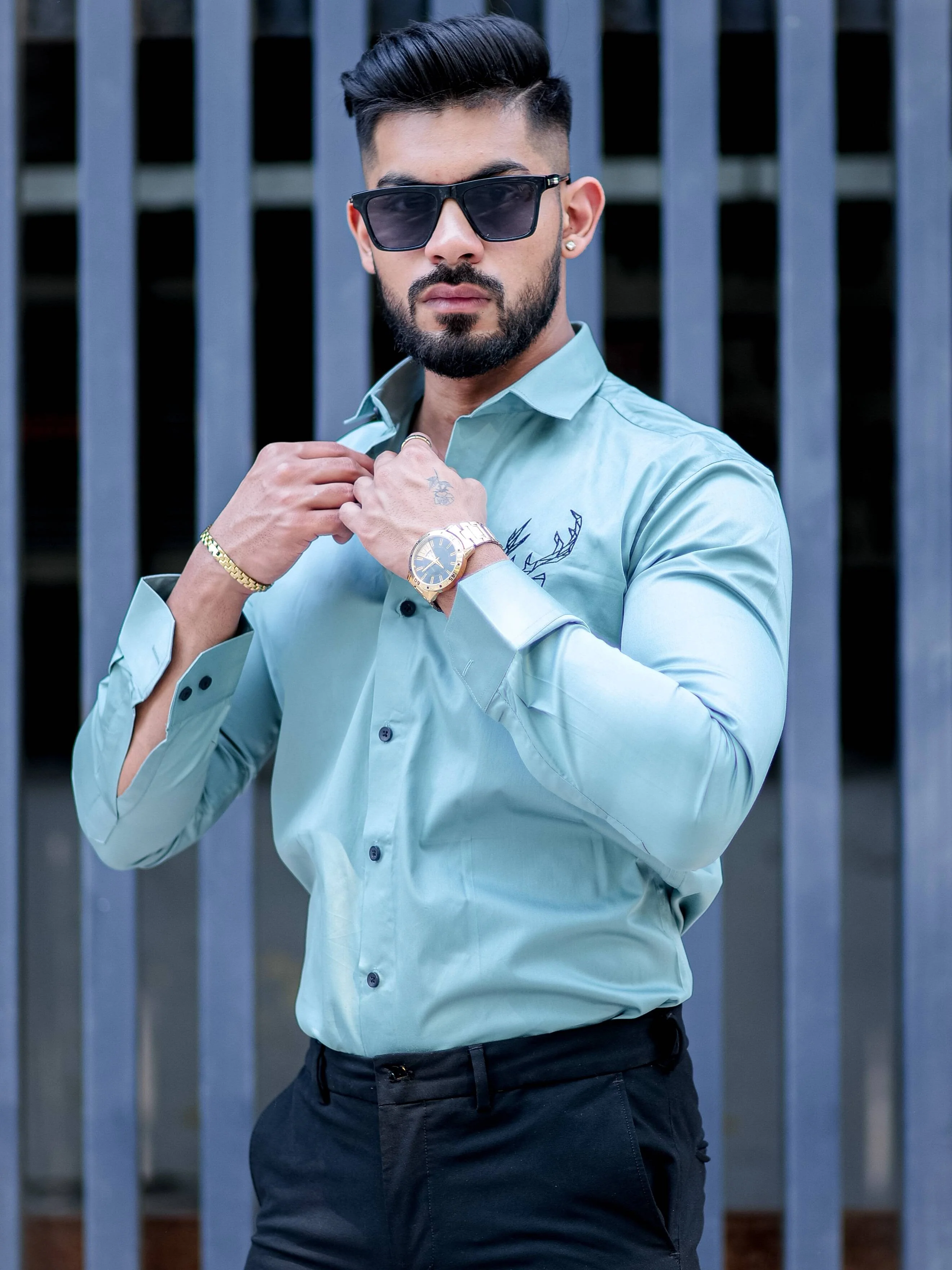 Deer Embroidered Cyan Golden Premium Cotton Shirt - Image 7