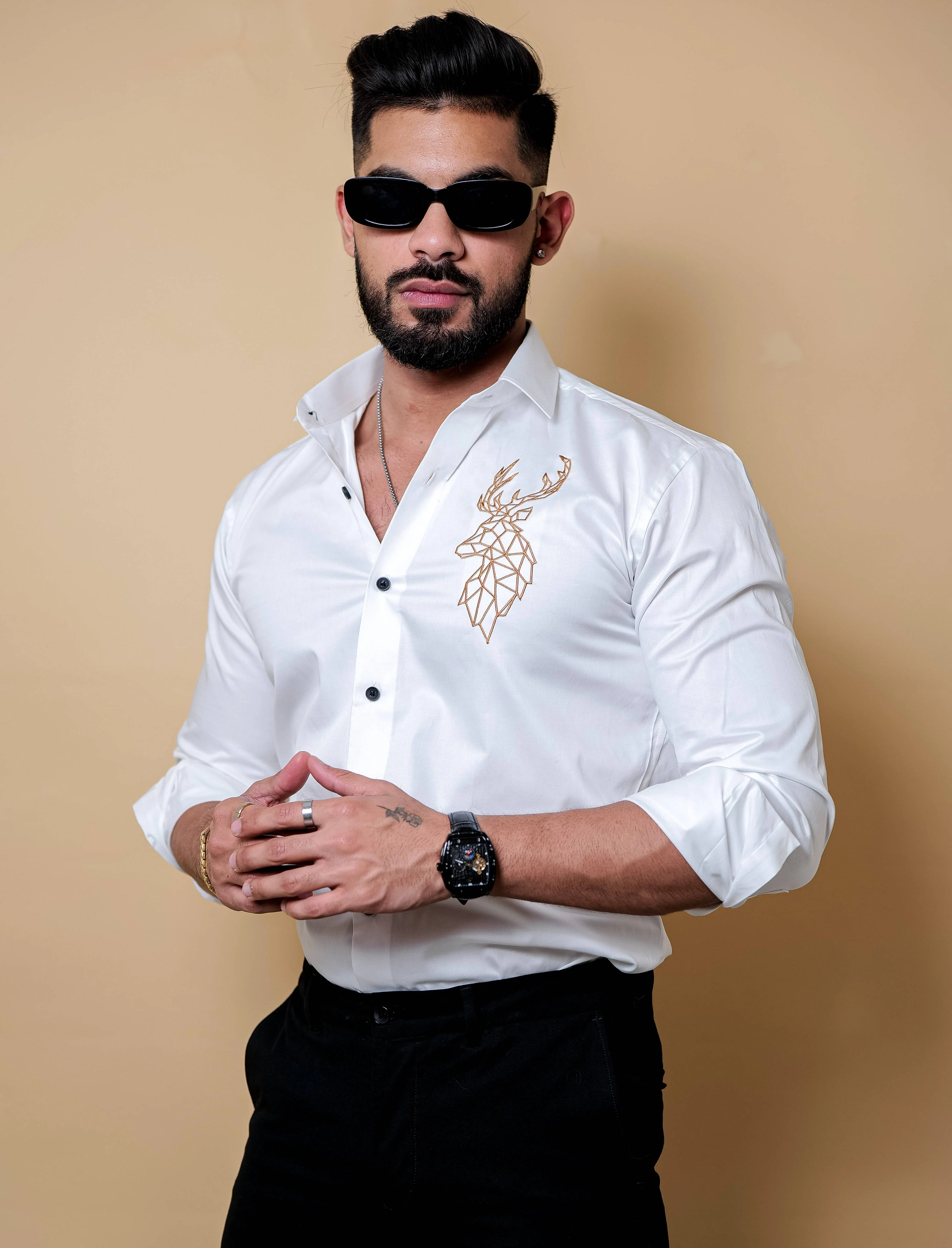 Deer Embroidered White Luxury Cotton Shirt - Image 2
