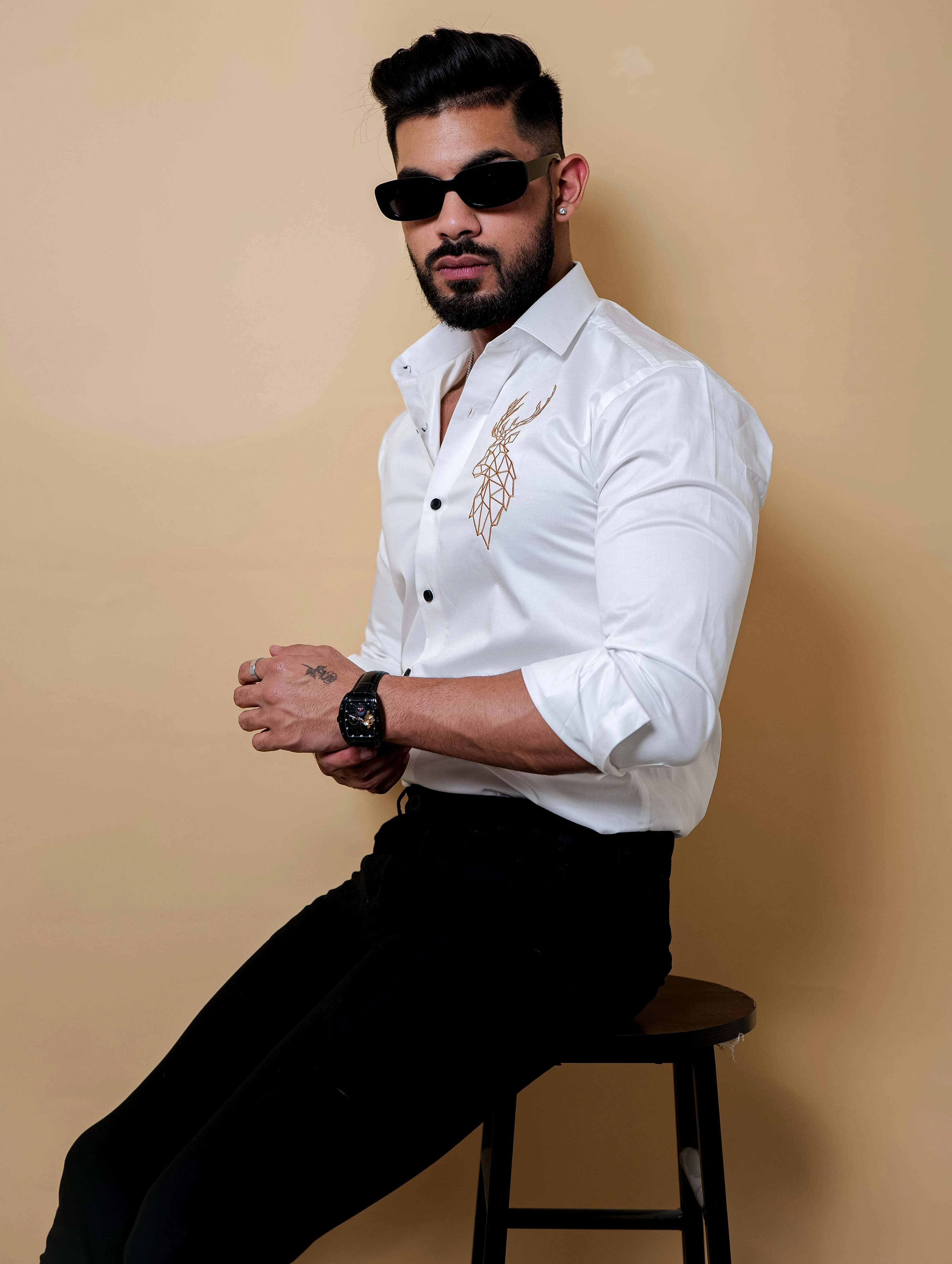 Deer Embroidered White Luxury Cotton Shirt - Image 3