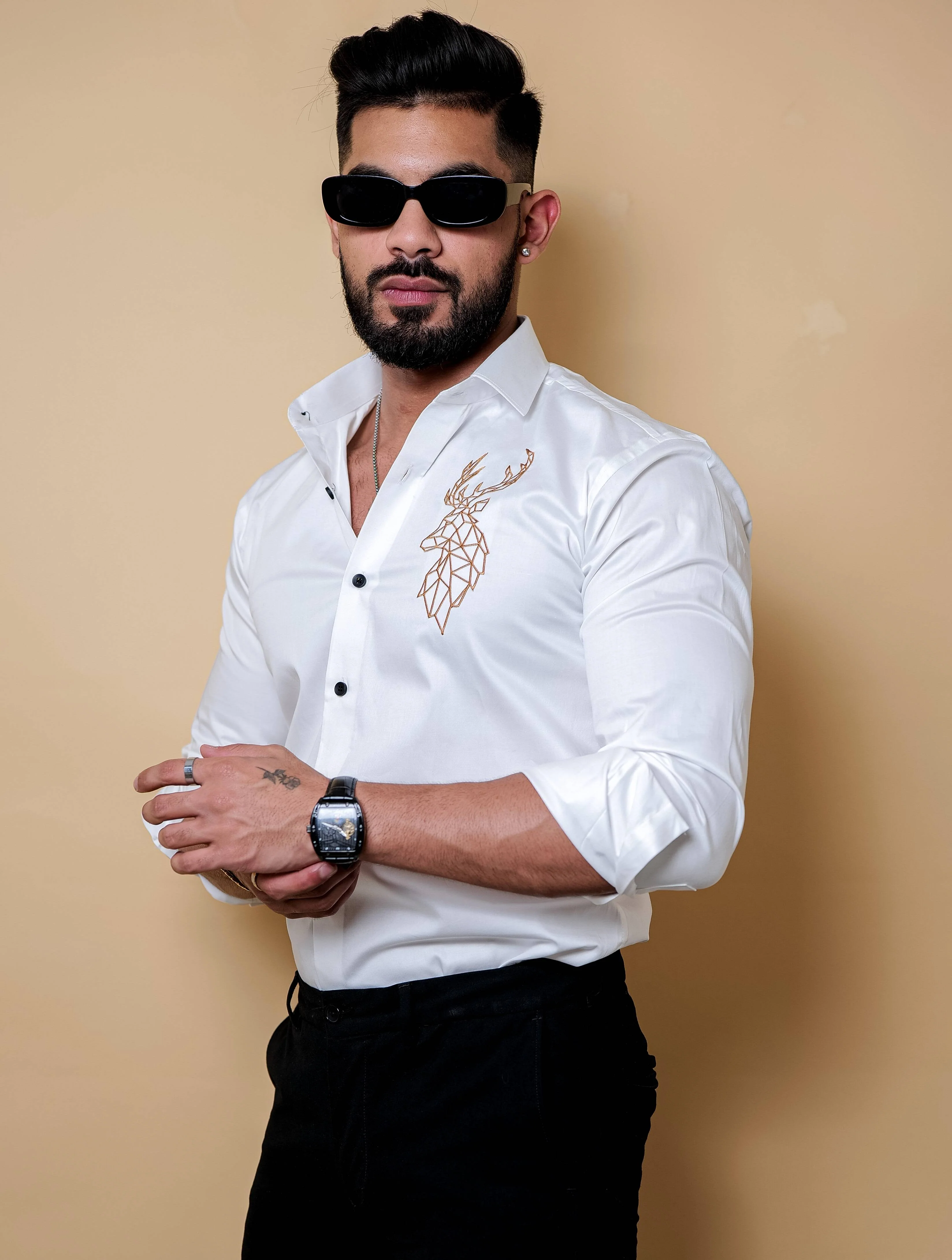 Deer Embroidered White Luxury Cotton Shirt - Image 5