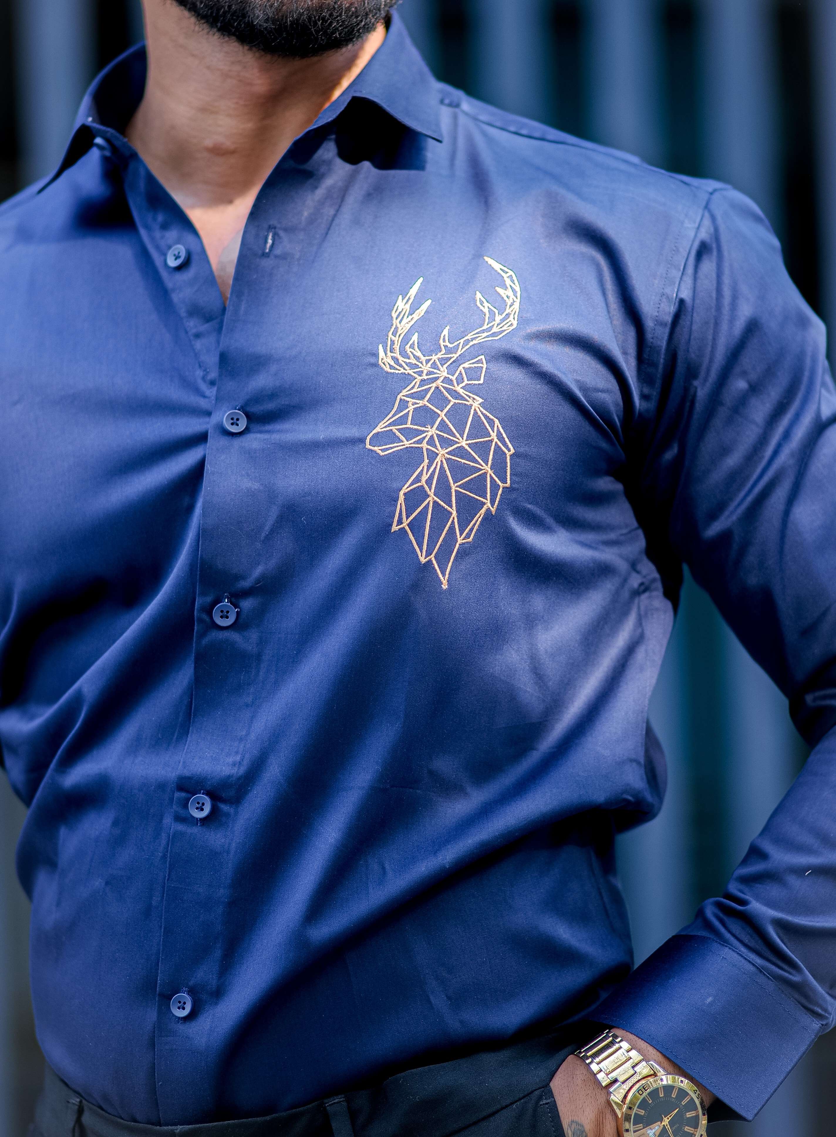 Deer Golden Embroidered Navy Blue Premium Cotton Shirt - Image 2