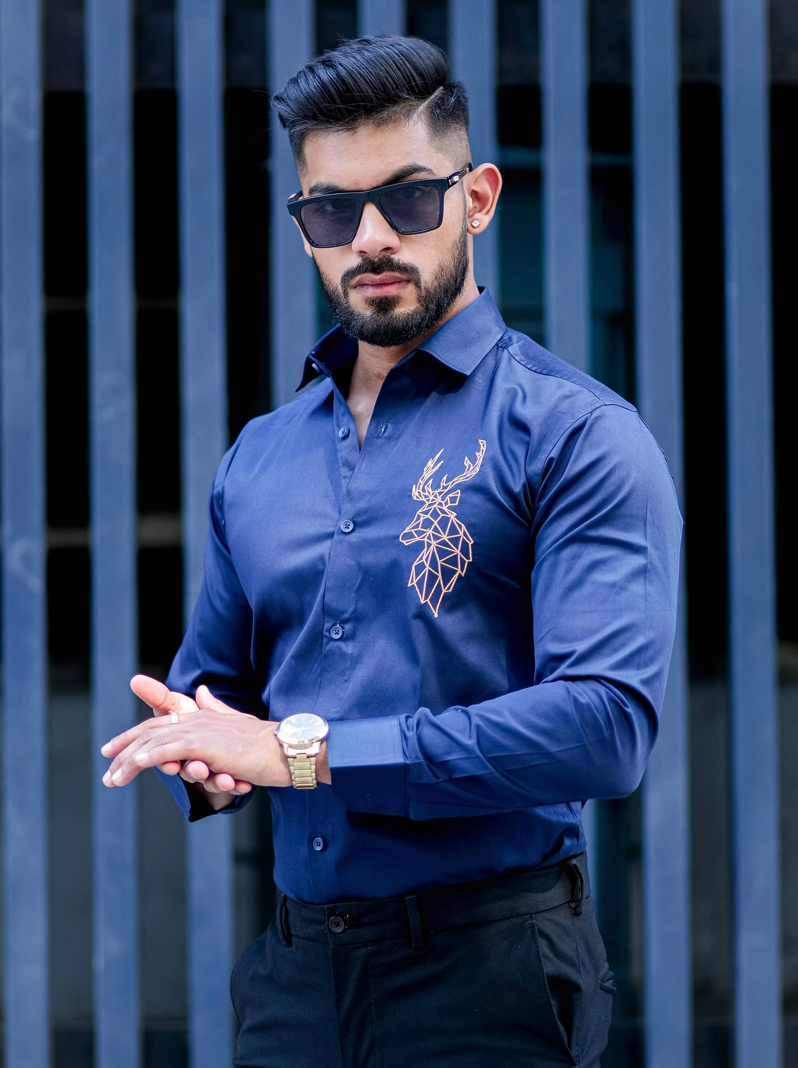Deer Golden Embroidered Navy Blue Premium Cotton Shirt - Image 5
