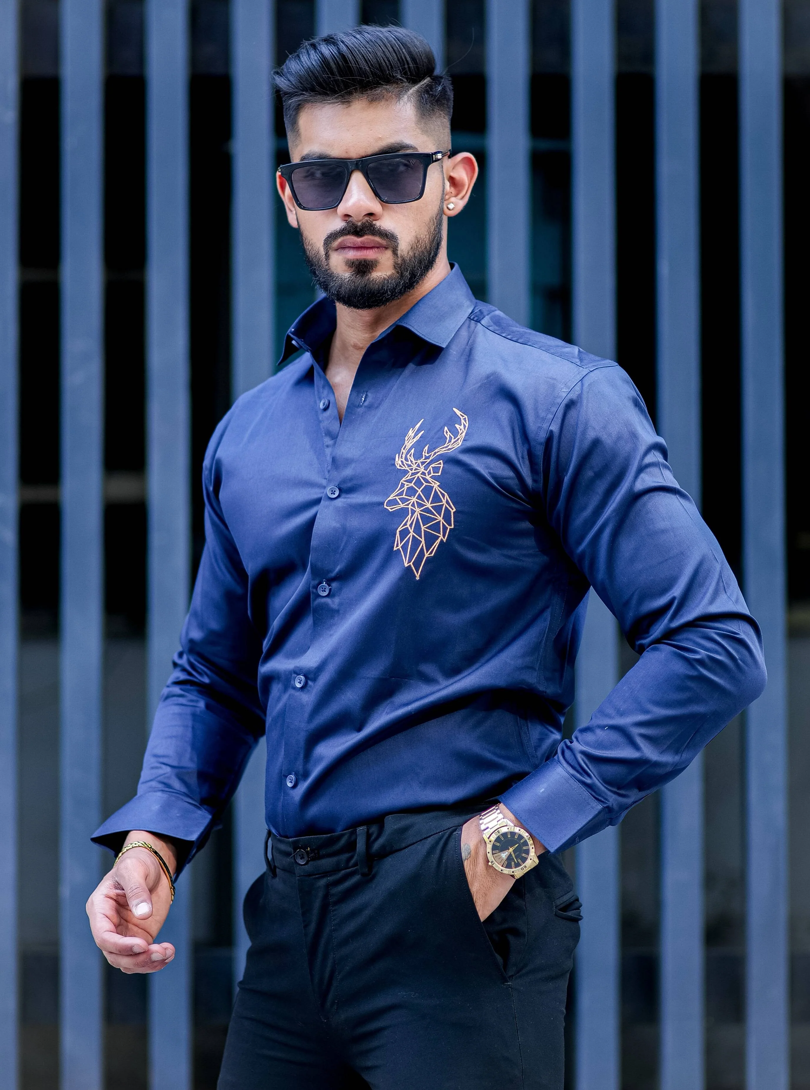 Deer Golden Embroidered Navy Blue Premium Cotton Shirt - Image 6