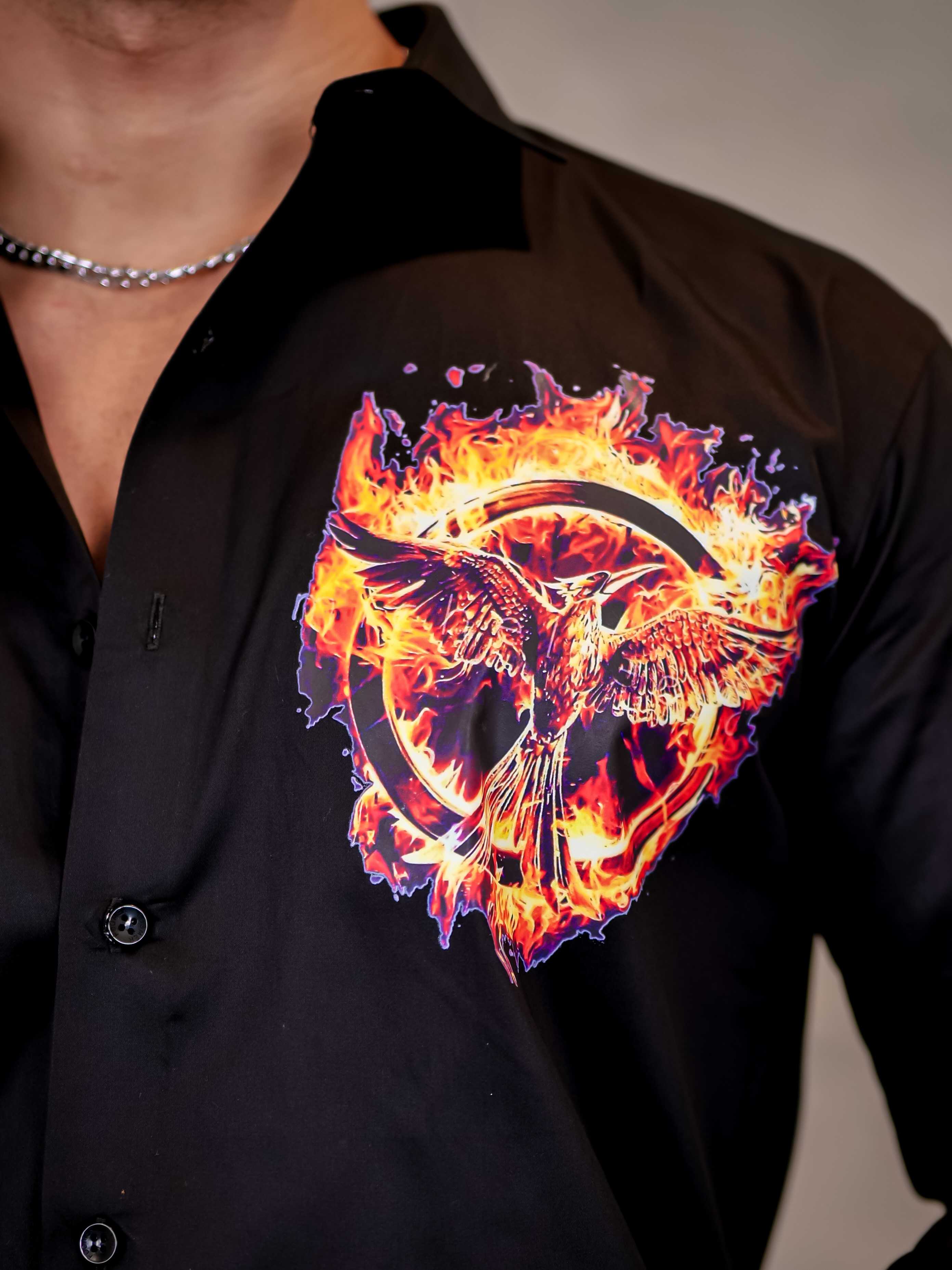Flaming Mockingjay Black Club Wear Printed Satin Cotton Shirt - Image 2