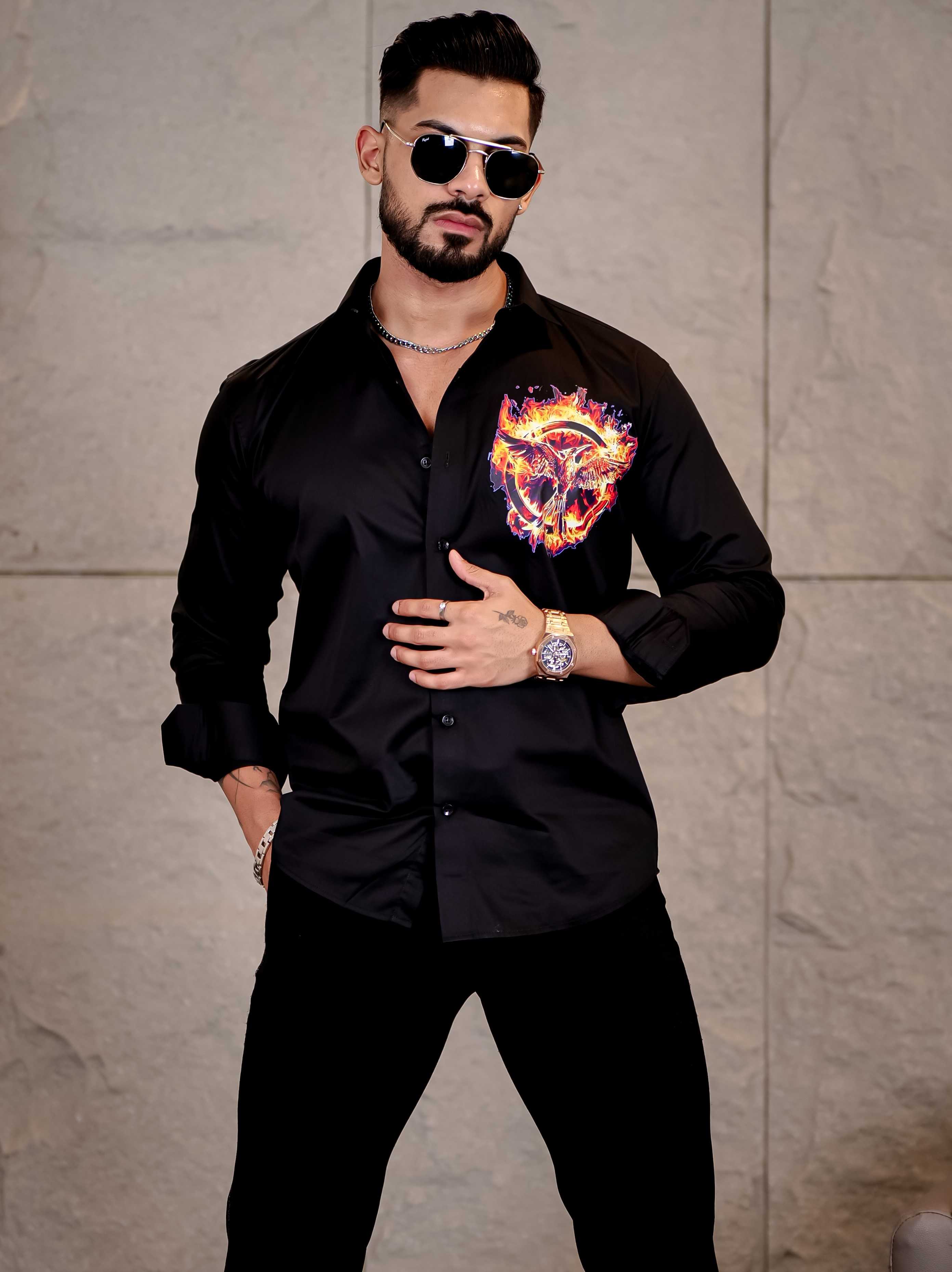 Flaming Mockingjay Black Club Wear Printed Satin Cotton Shirt - Image 3
