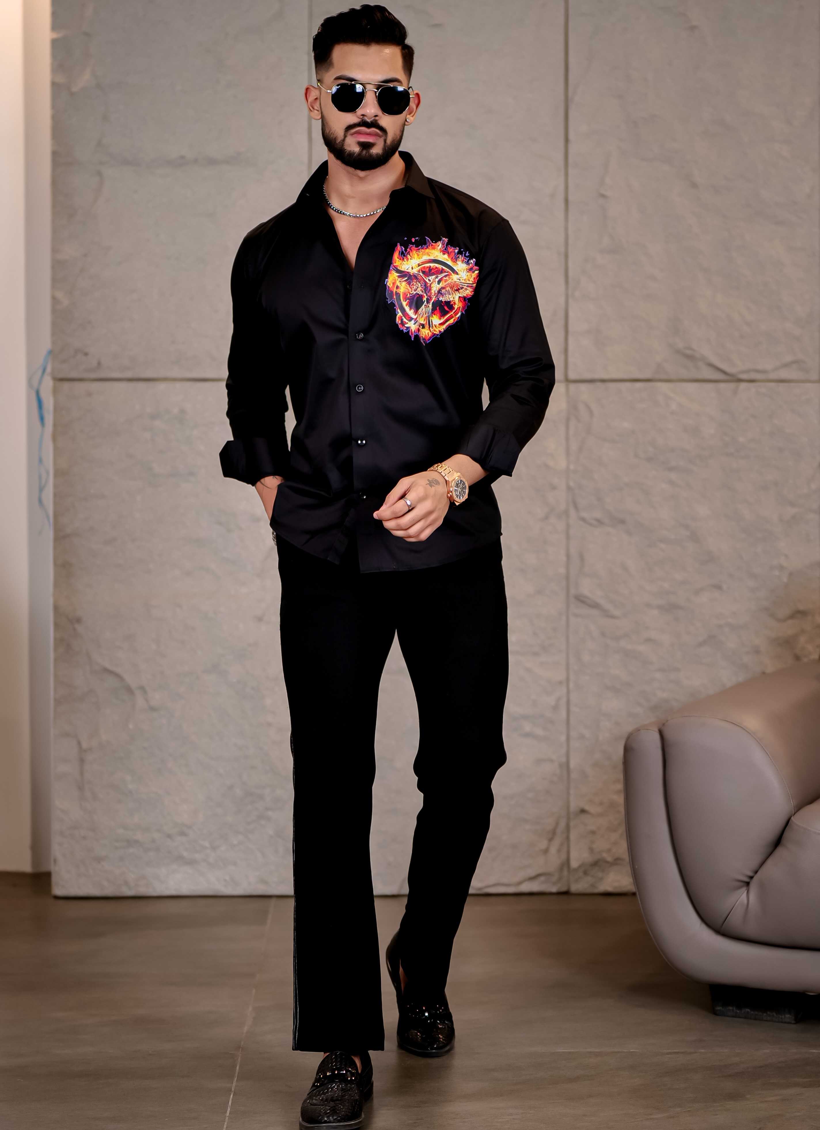 Flaming Mockingjay Black Club Wear Printed Satin Cotton Shirt - Image 6