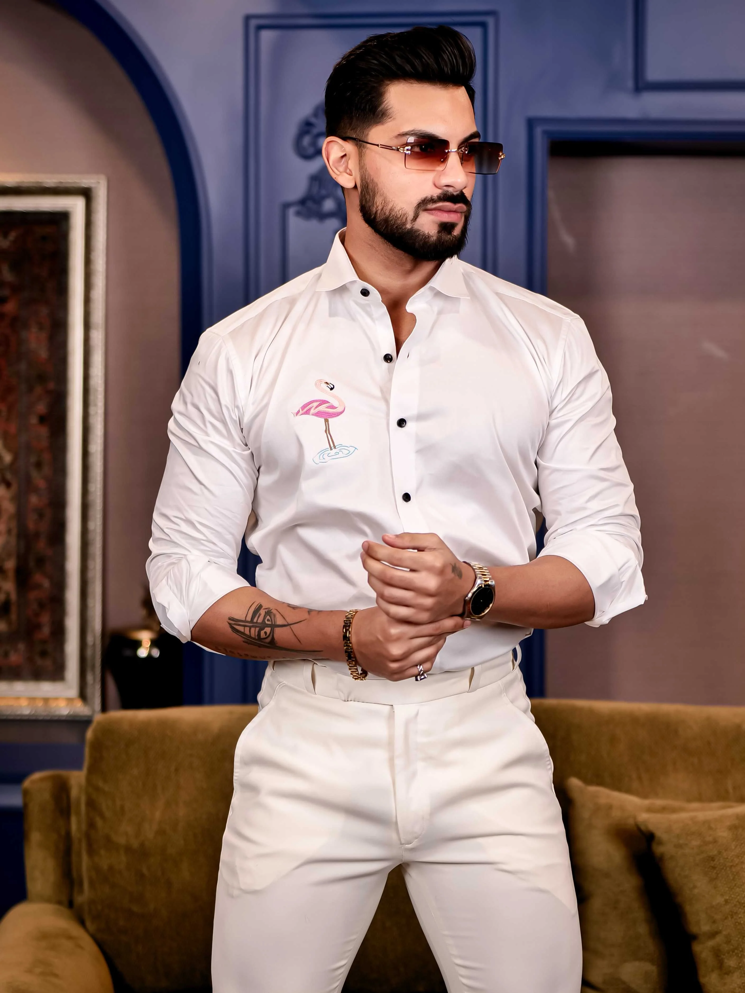 Flamingos White Multicolor Embroidered Club Wear Satin Cotton Shirt - Image 3