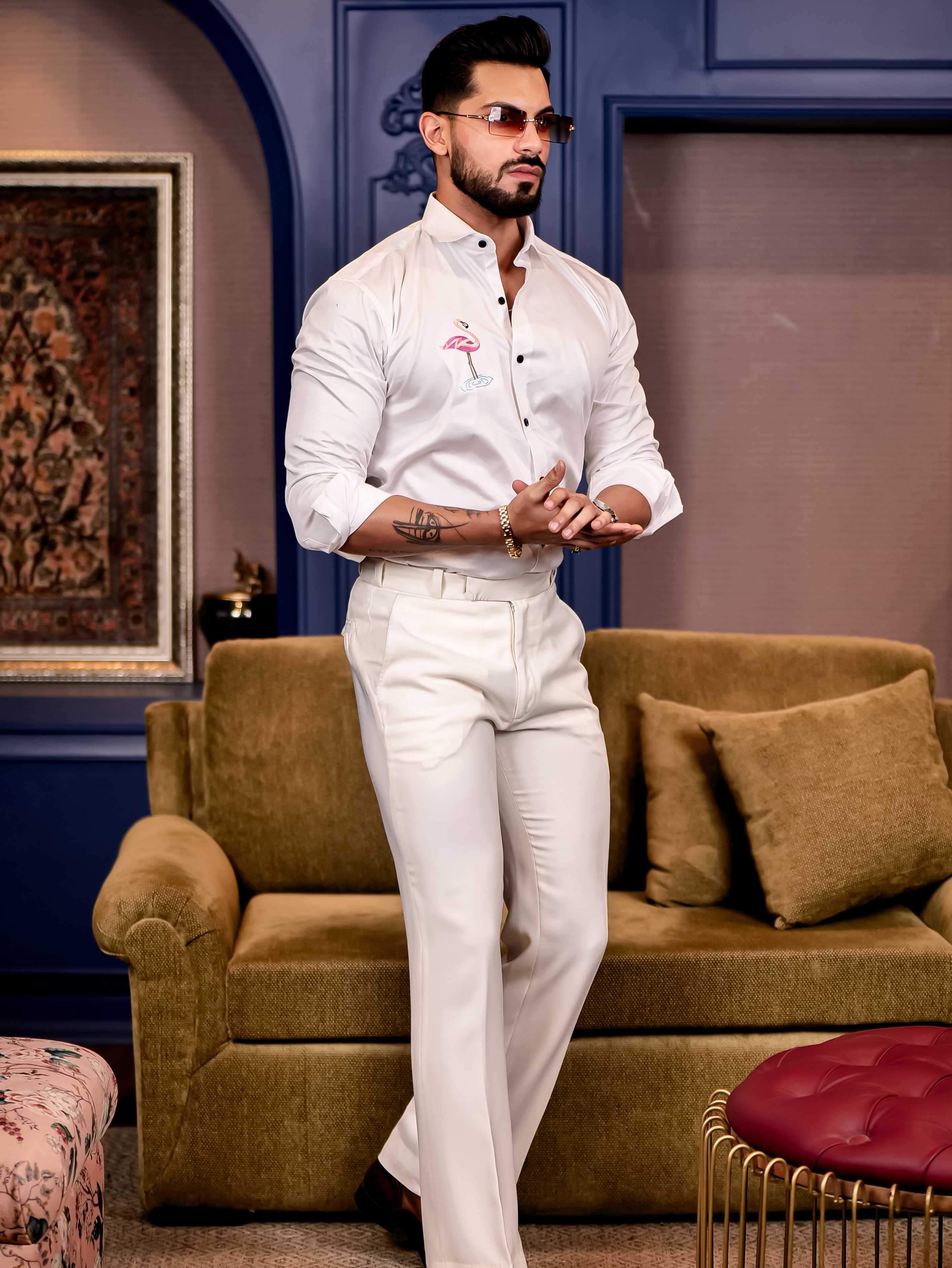 Flamingos White Multicolor Embroidered Club Wear Satin Cotton Shirt - Image 4