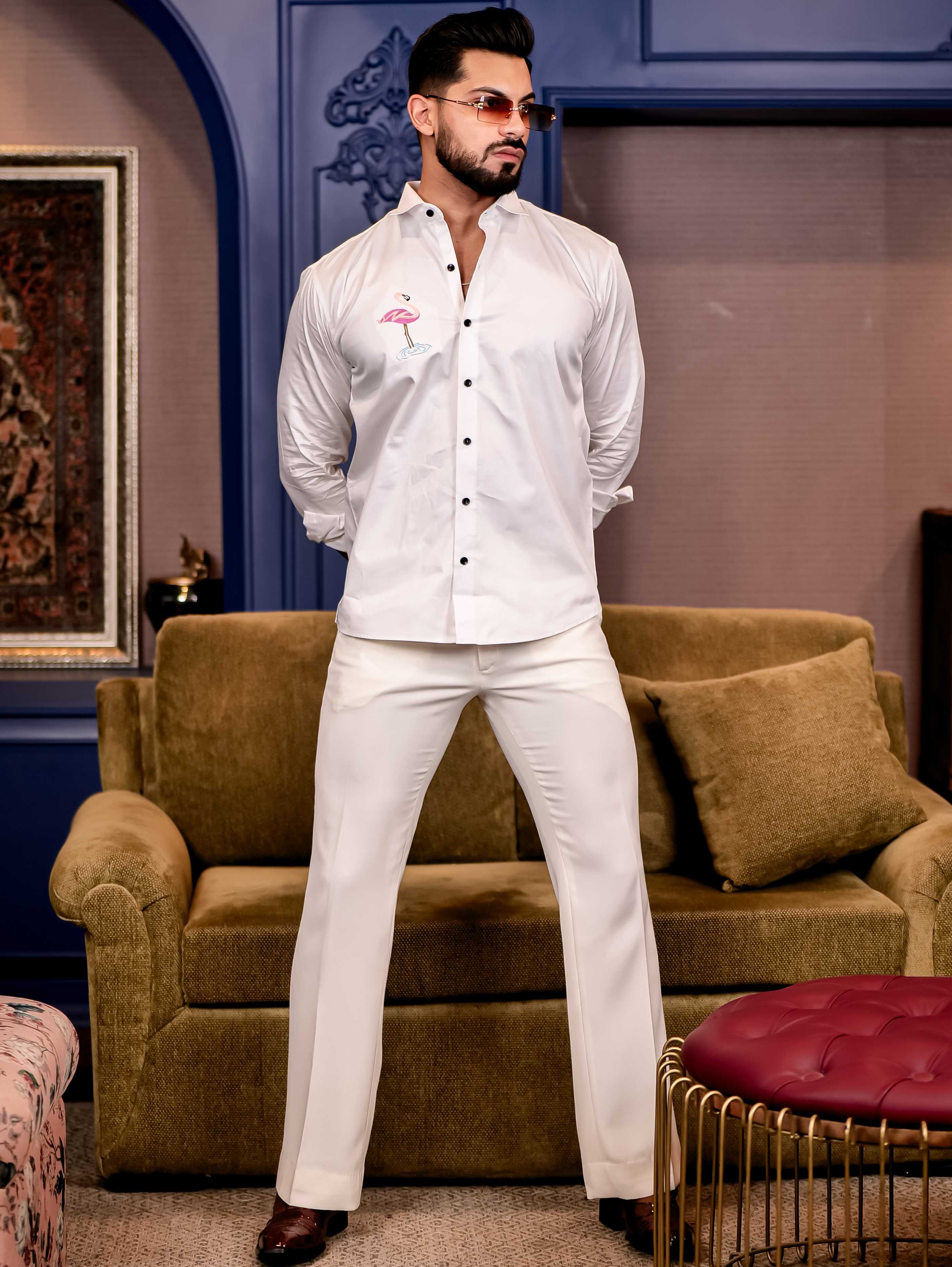 Flamingos White Multicolor Embroidered Club Wear Satin Cotton Shirt - Image 5