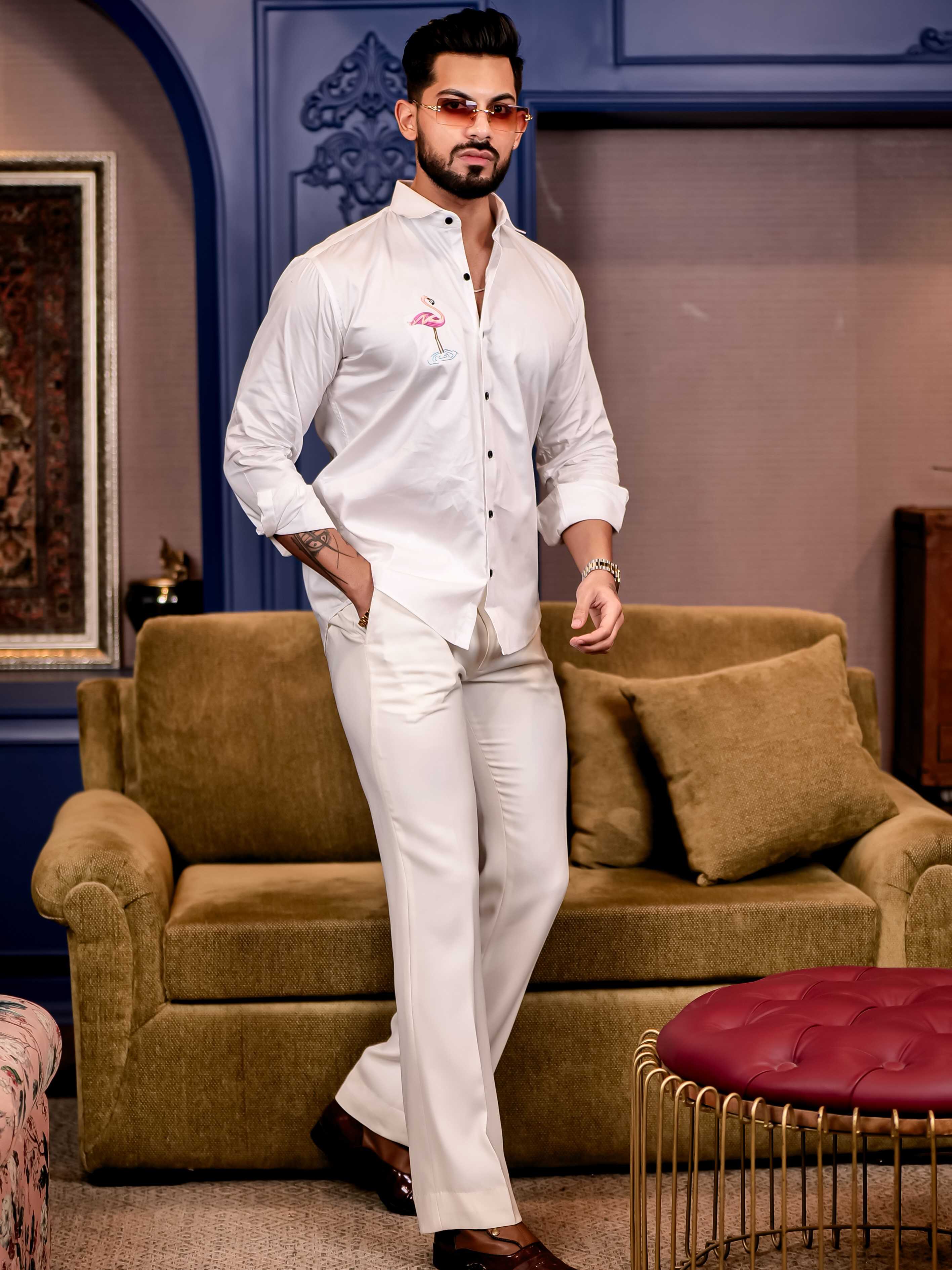 Flamingos White Multicolor Embroidered Club Wear Satin Cotton Shirt - Image 6