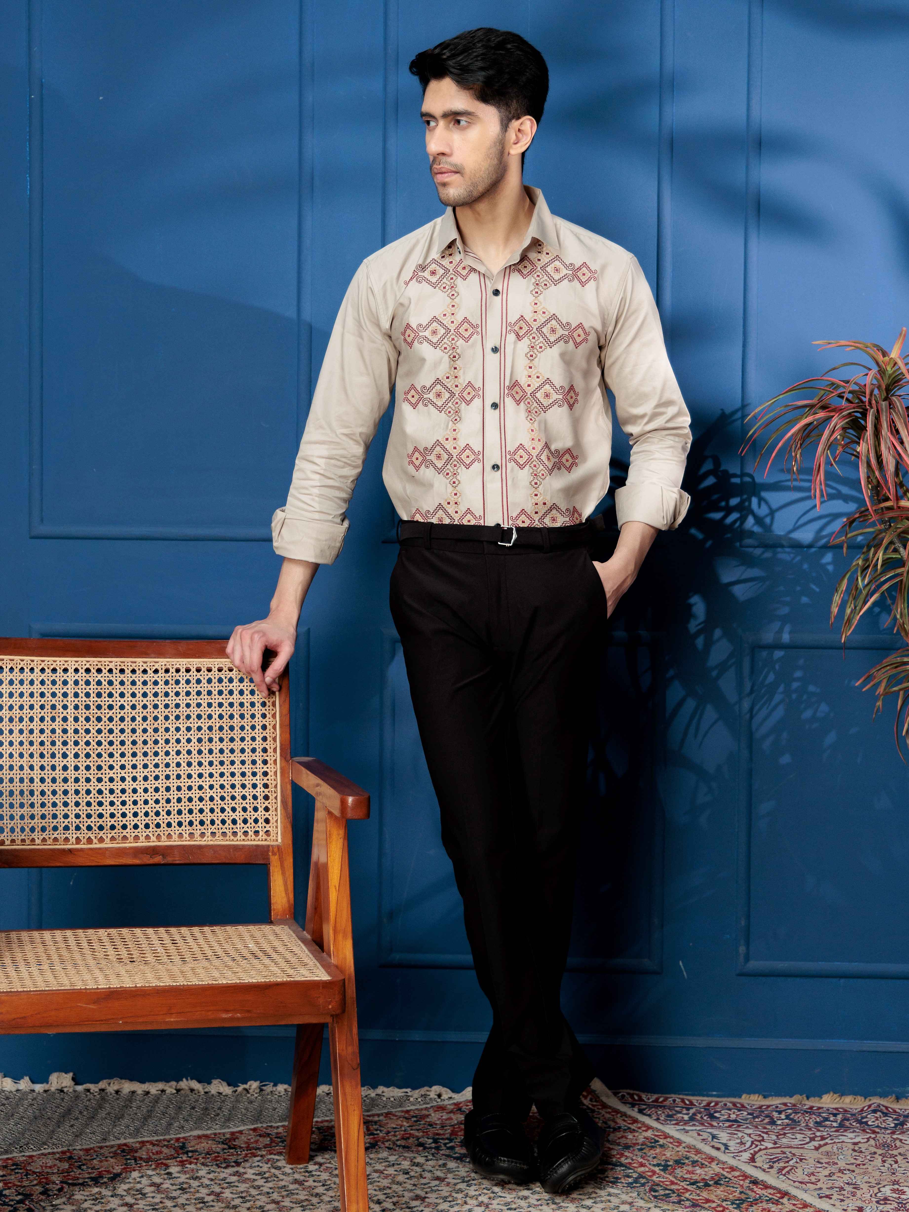 FOOMER BEIGE EMBROIDERED CLUB WEAR SATIN COTTON SHIRT - Image 3
