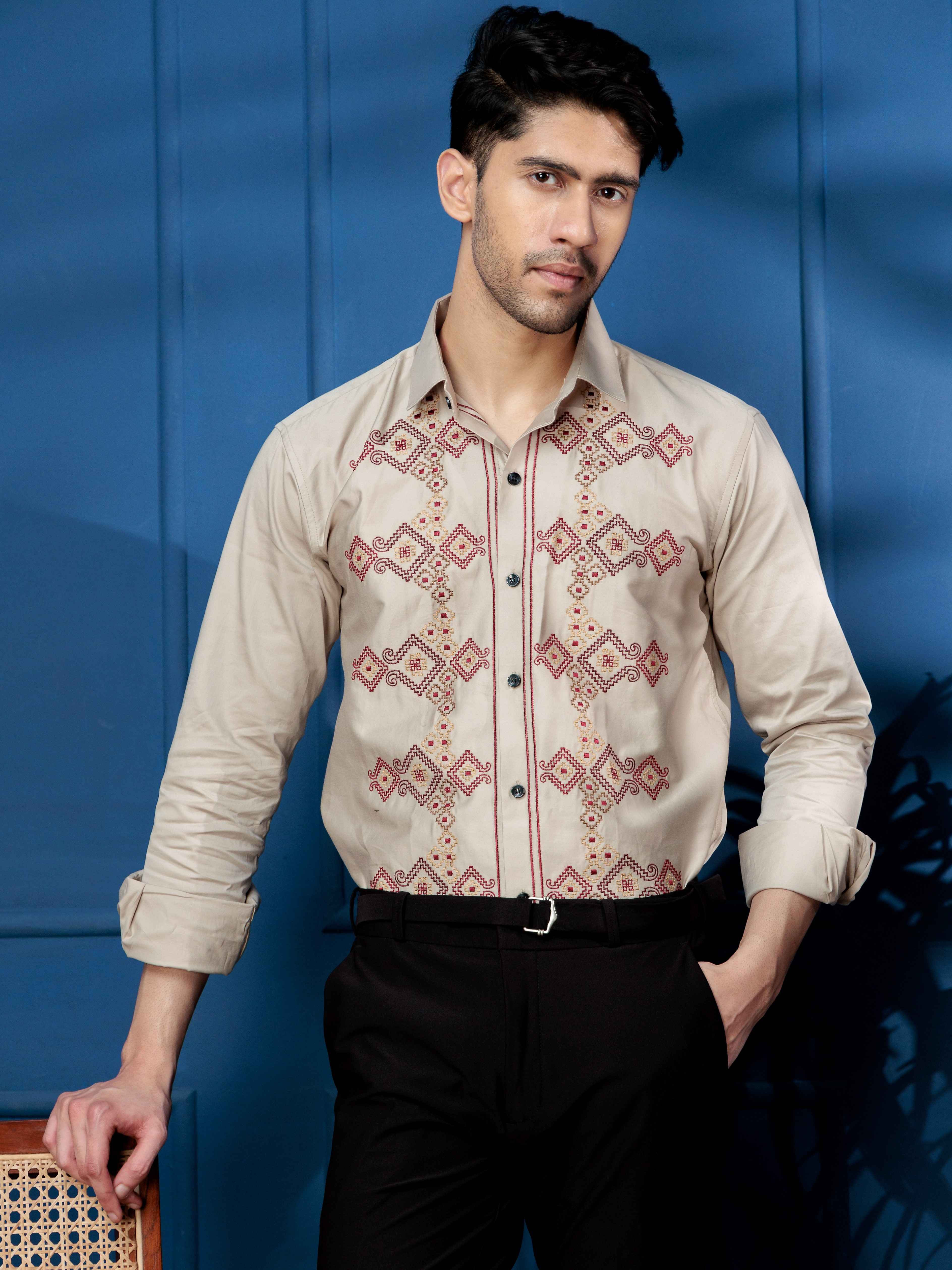FOOMER BEIGE EMBROIDERED CLUB WEAR SATIN COTTON SHIRT - Image 6