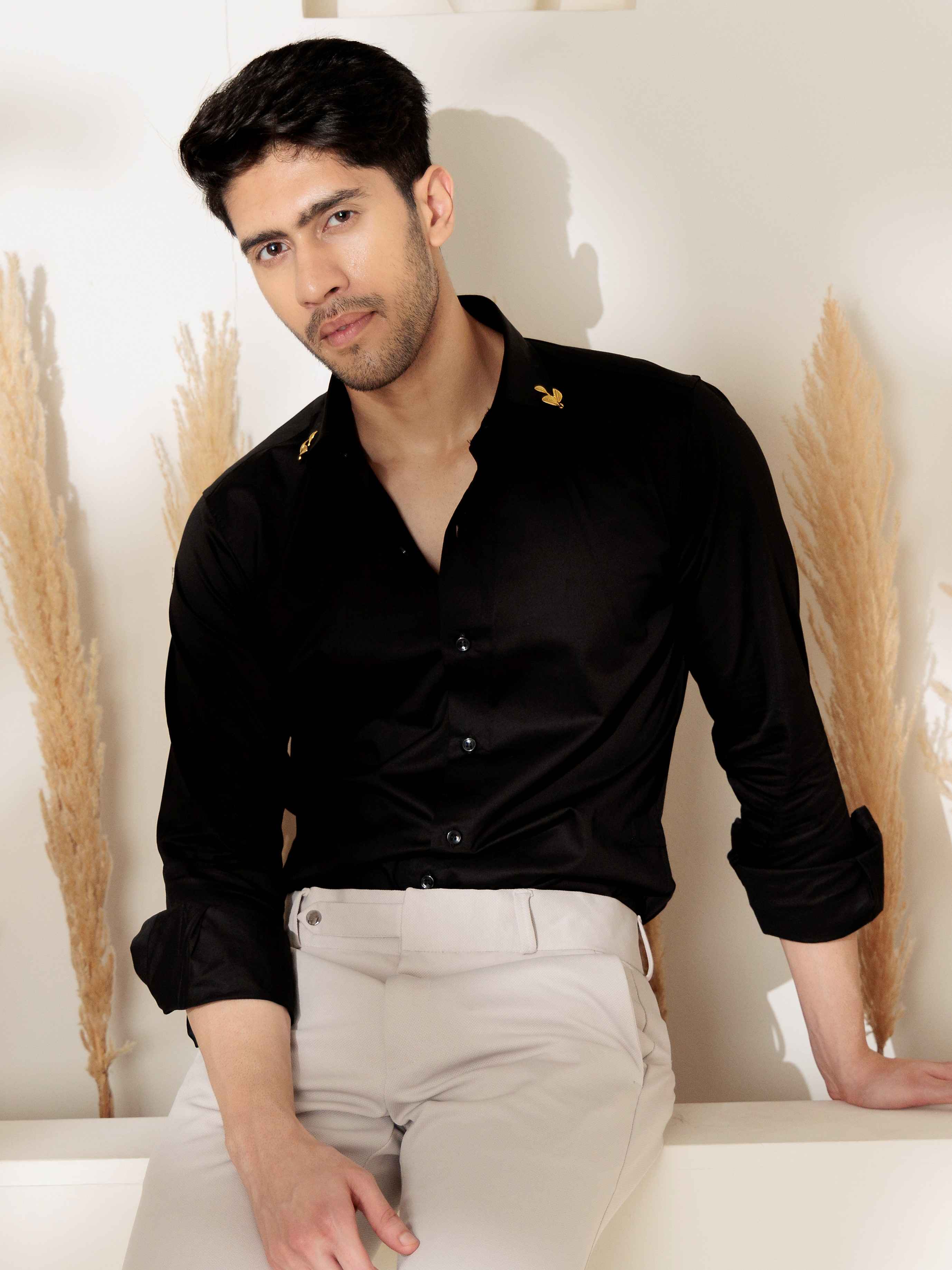FOOMER BID LEAF BLACK DESIGNER SATIN COTTON SHIRT FOR MEN - Image 5