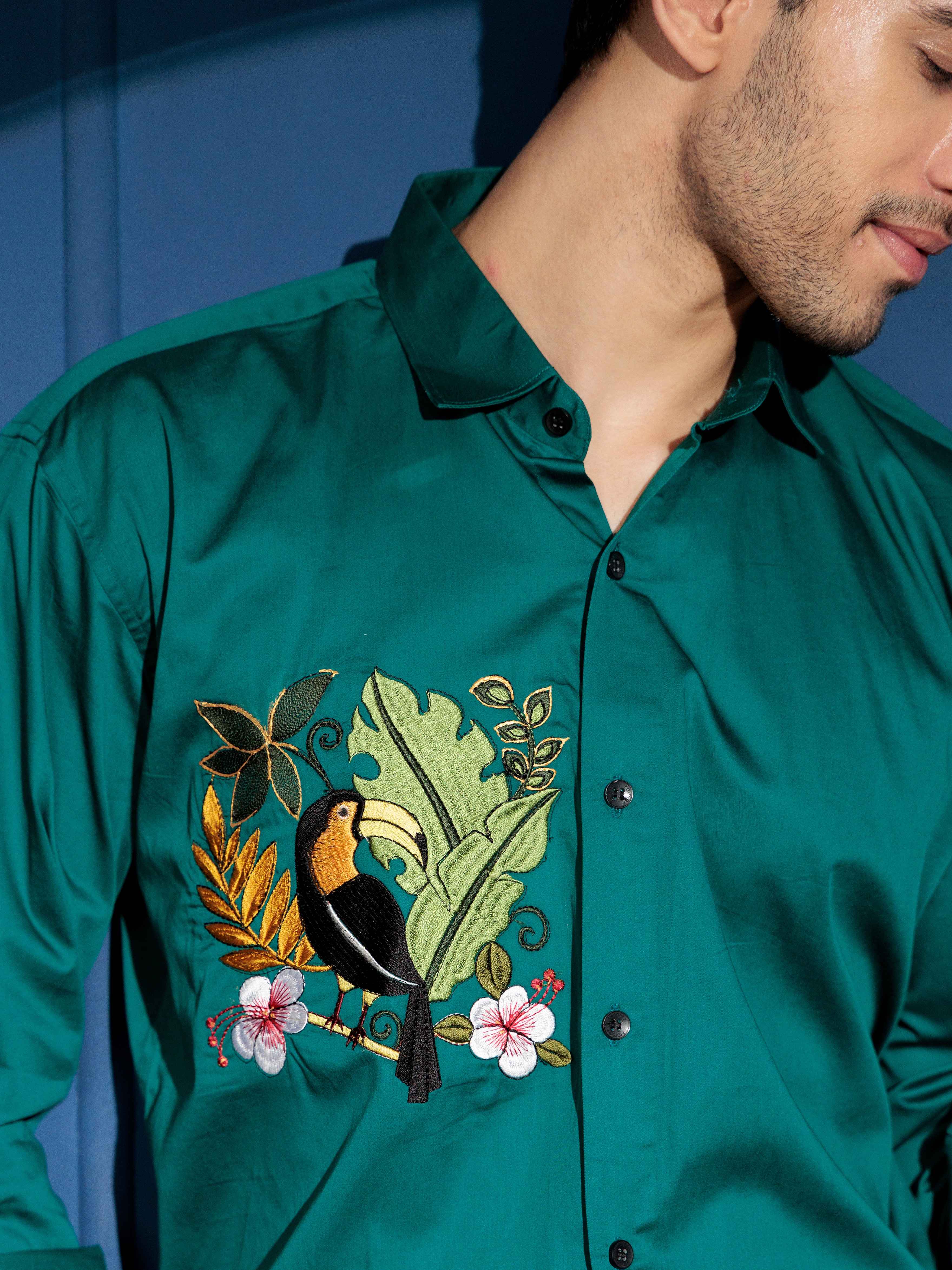 FOOMER  BIRD NEST EMBROIDERED RAMA LUXURY COTTON SHIRT FOR MEN - Image 2