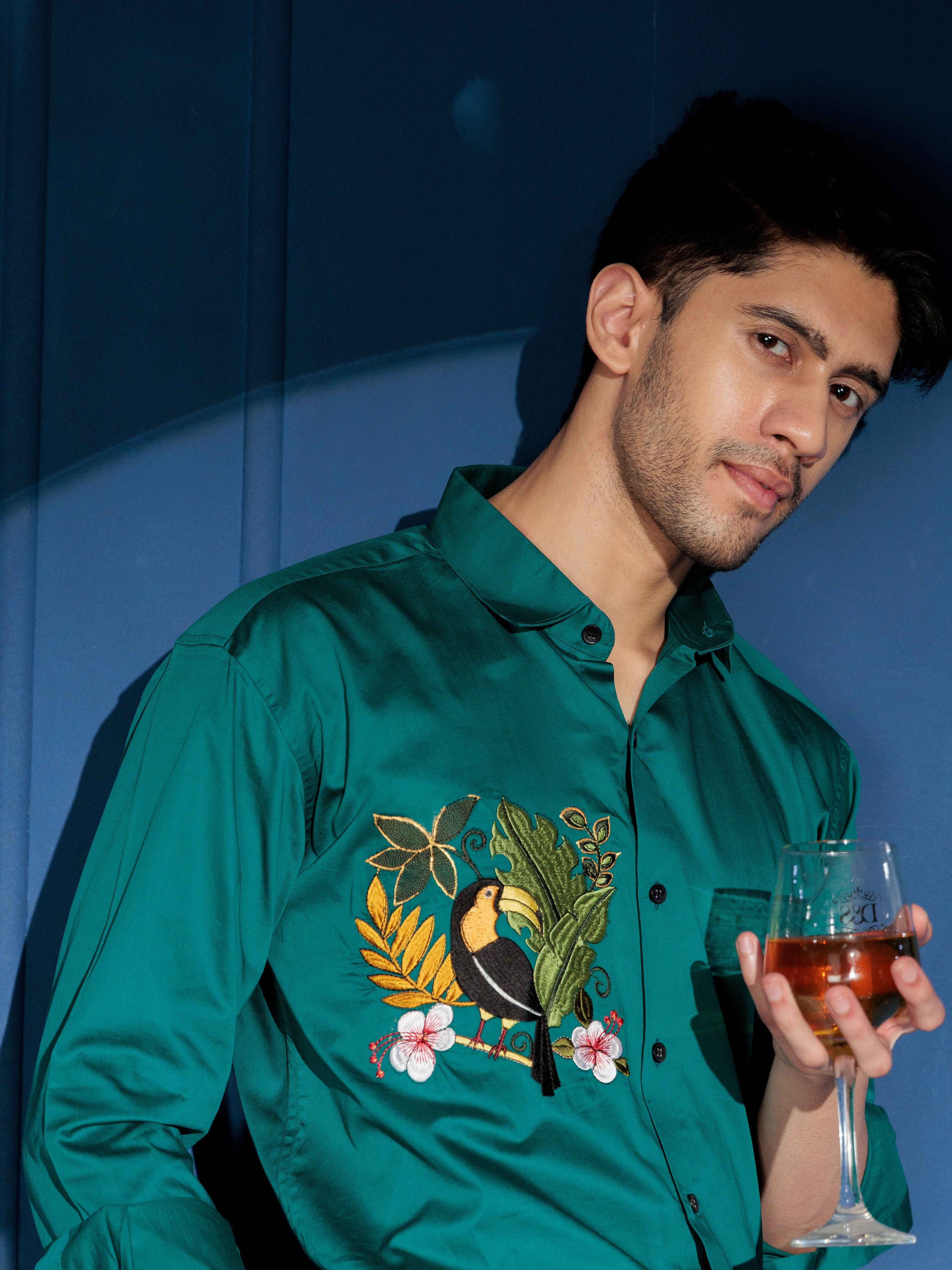 FOOMER  BIRD NEST EMBROIDERED RAMA LUXURY COTTON SHIRT FOR MEN - Image 4