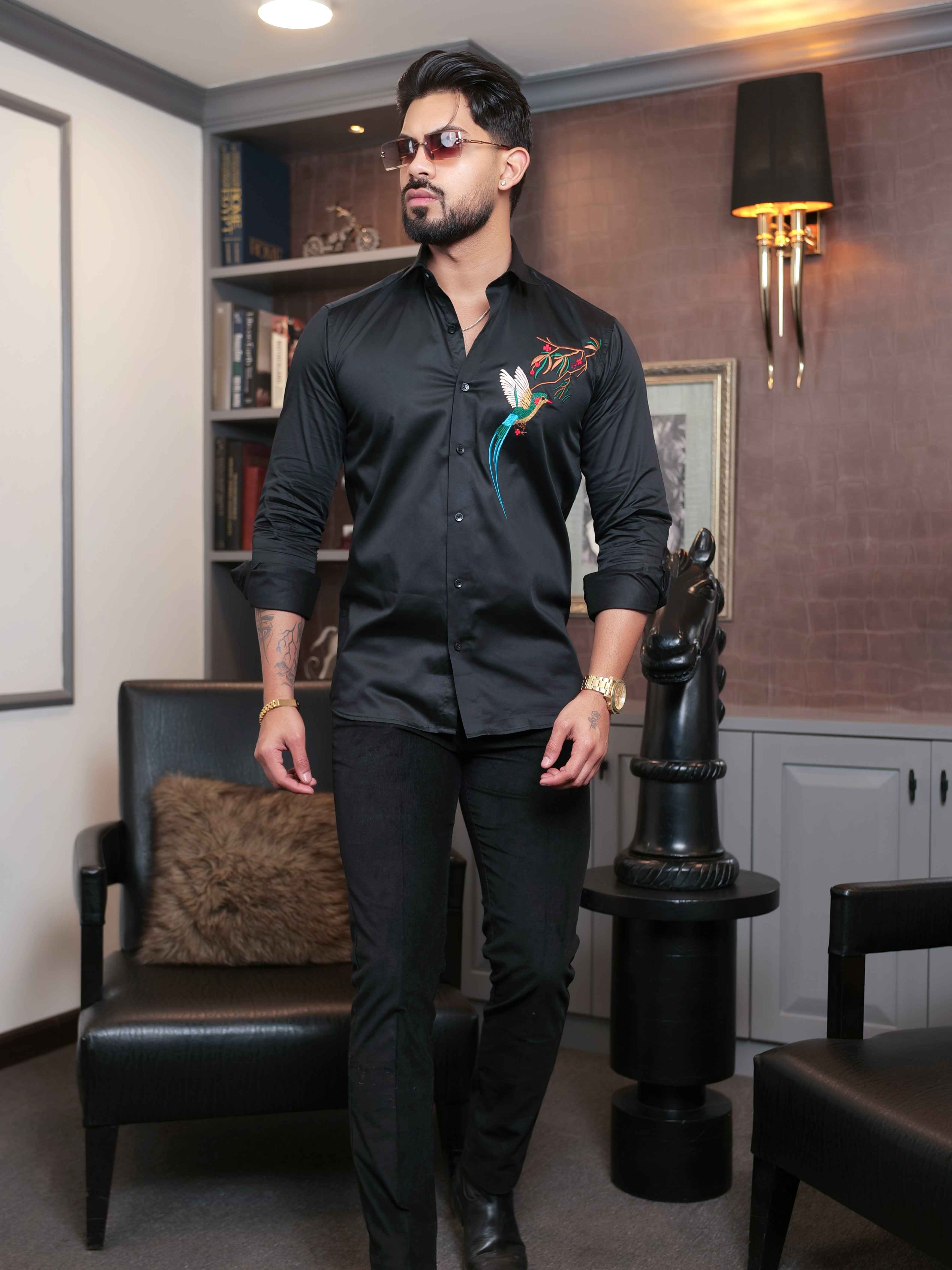 FOOMER BLACK BIRD EMBROIDERED DESIGNER WEAR SATIN COTTON SHIRT - Image 3