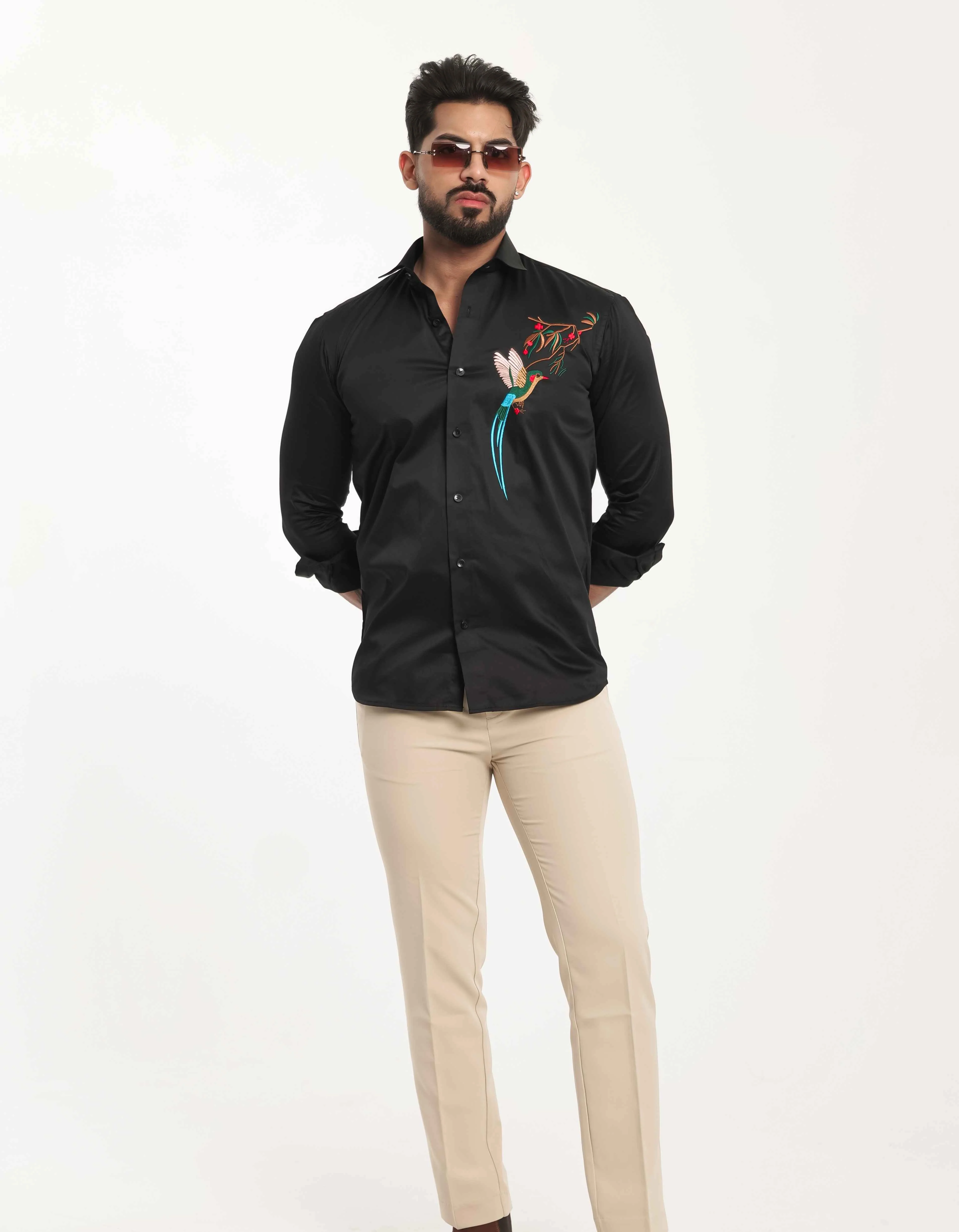 FOOMER BLACK BIRD EMBROIDERED DESIGNER WEAR SATIN COTTON SHIRT - Image 4