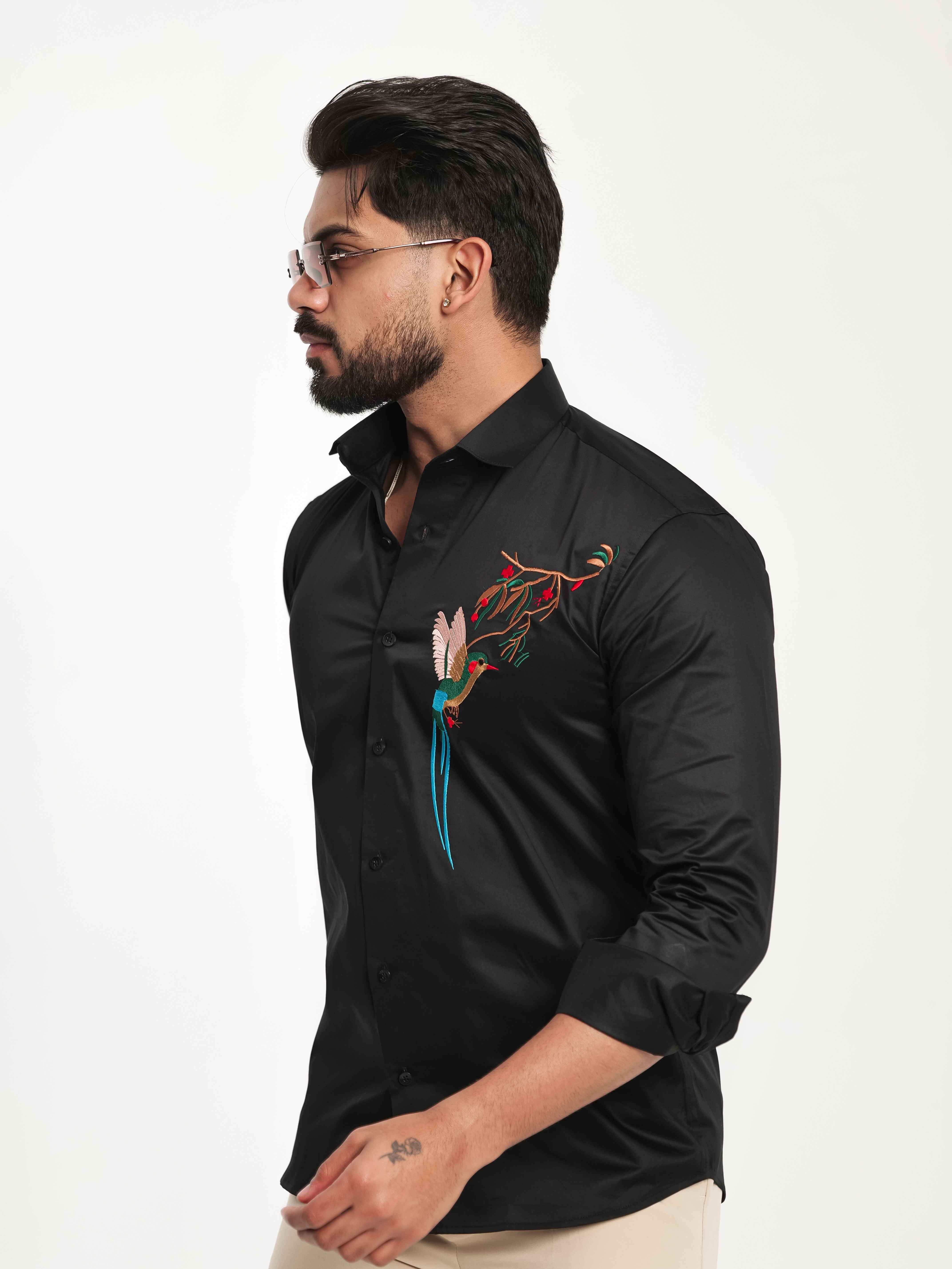 FOOMER BLACK BIRD EMBROIDERED DESIGNER WEAR SATIN COTTON SHIRT - Image 5