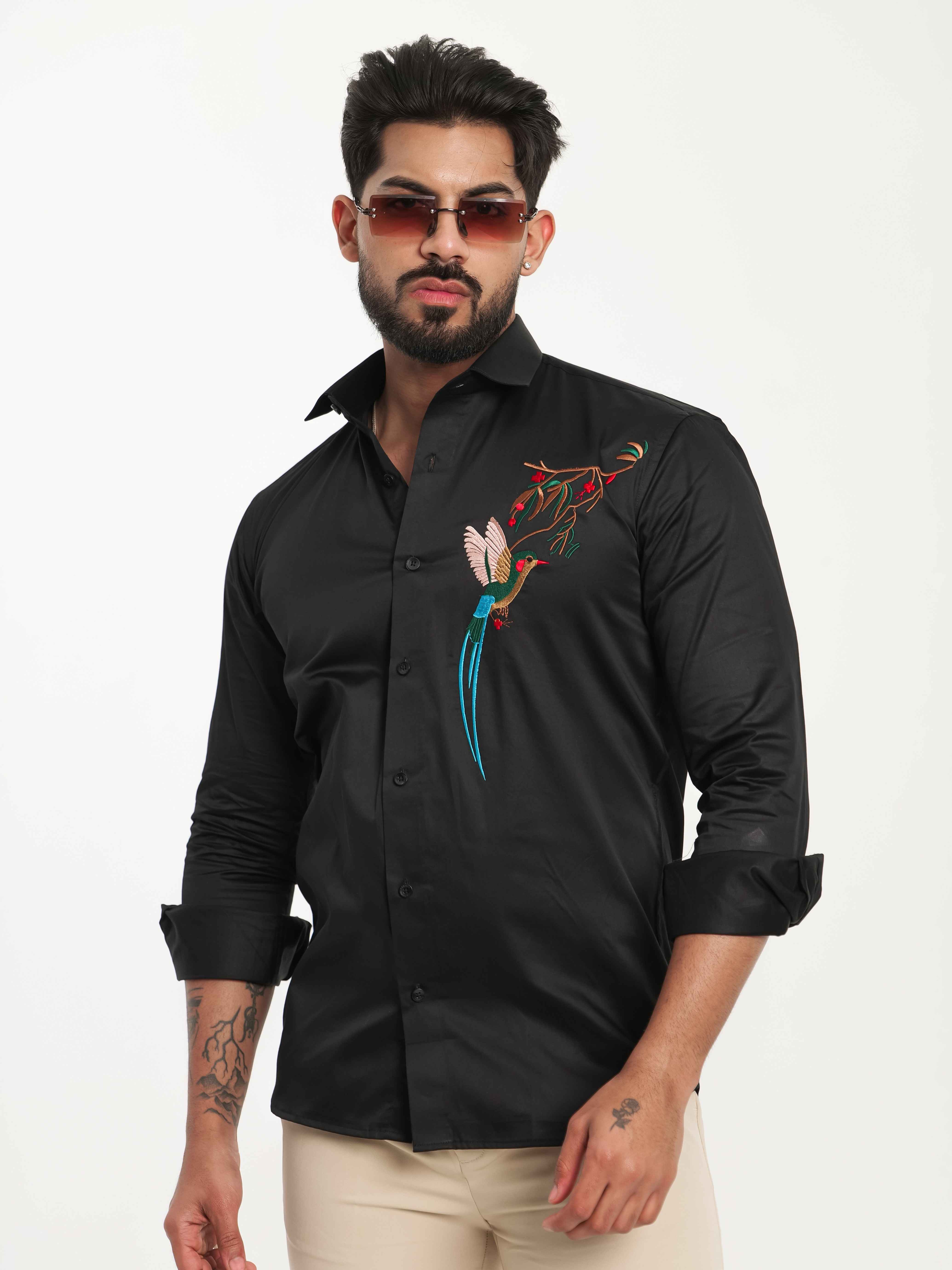FOOMER BLACK BIRD EMBROIDERED DESIGNER WEAR SATIN COTTON SHIRT - Image 6