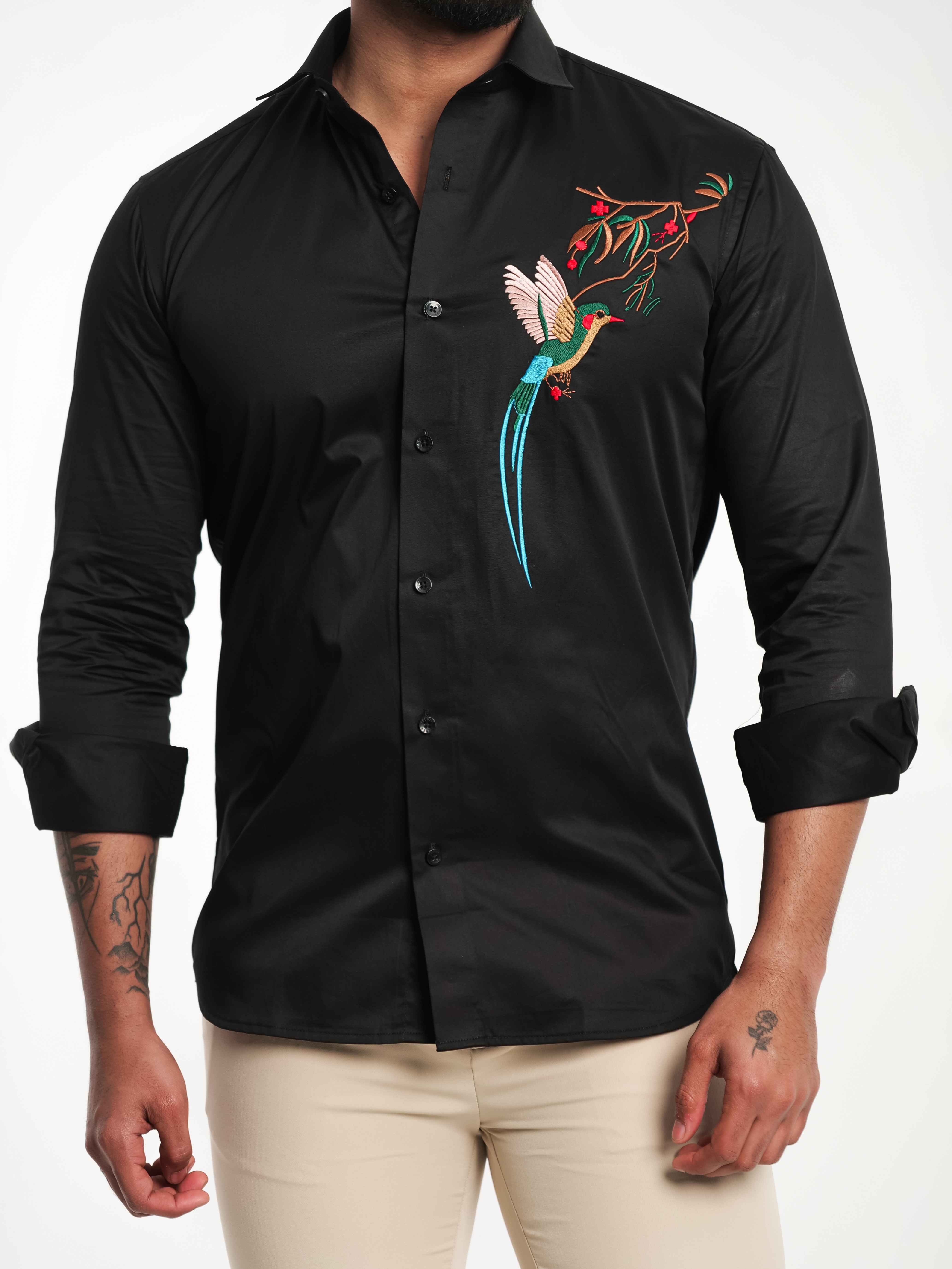 FOOMER BLACK BIRD EMBROIDERED DESIGNER WEAR SATIN COTTON SHIRT - Image 7