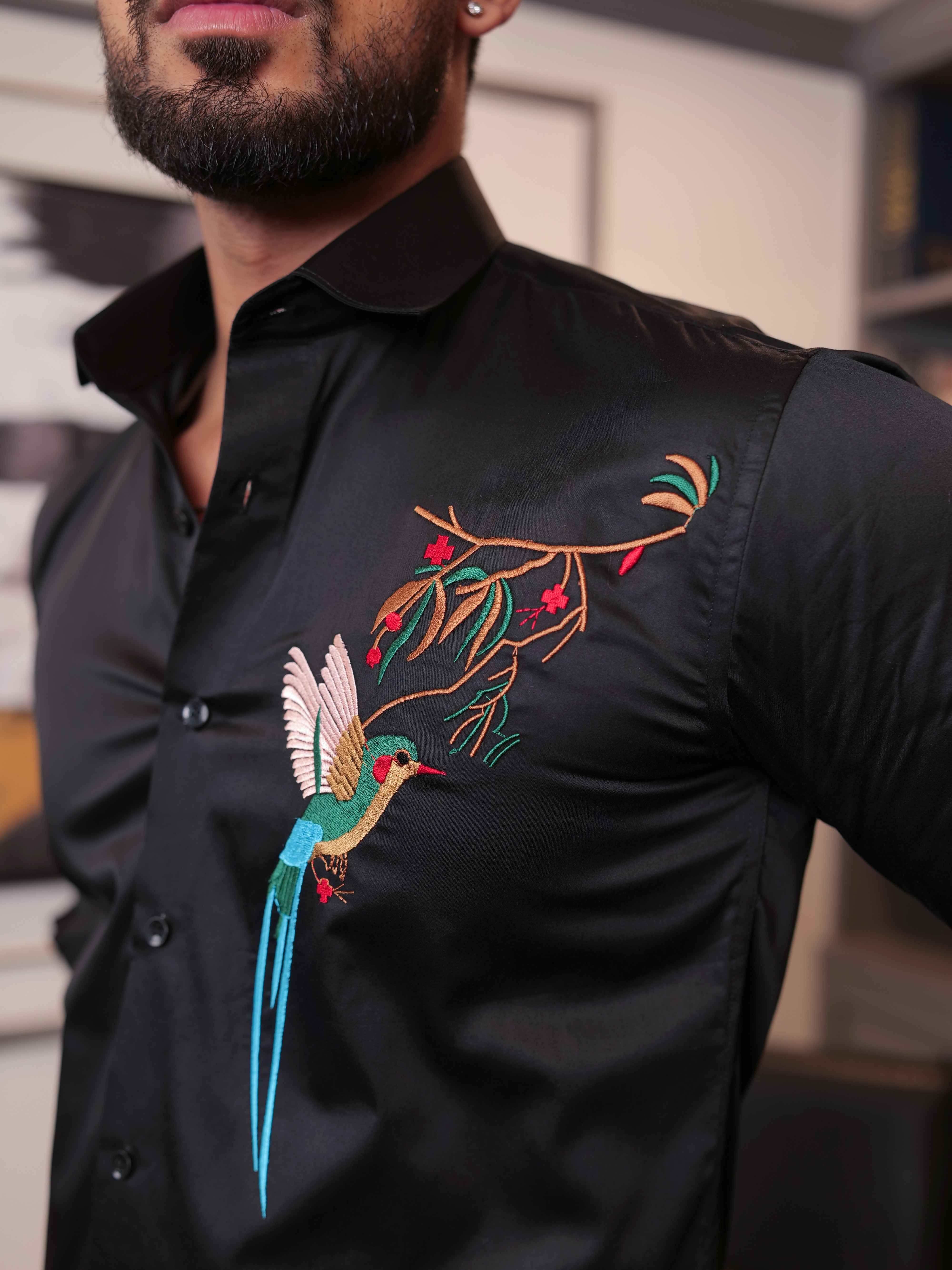 FOOMER BLACK BIRD EMBROIDERED DESIGNER WEAR SATIN COTTON SHIRT - Image 8