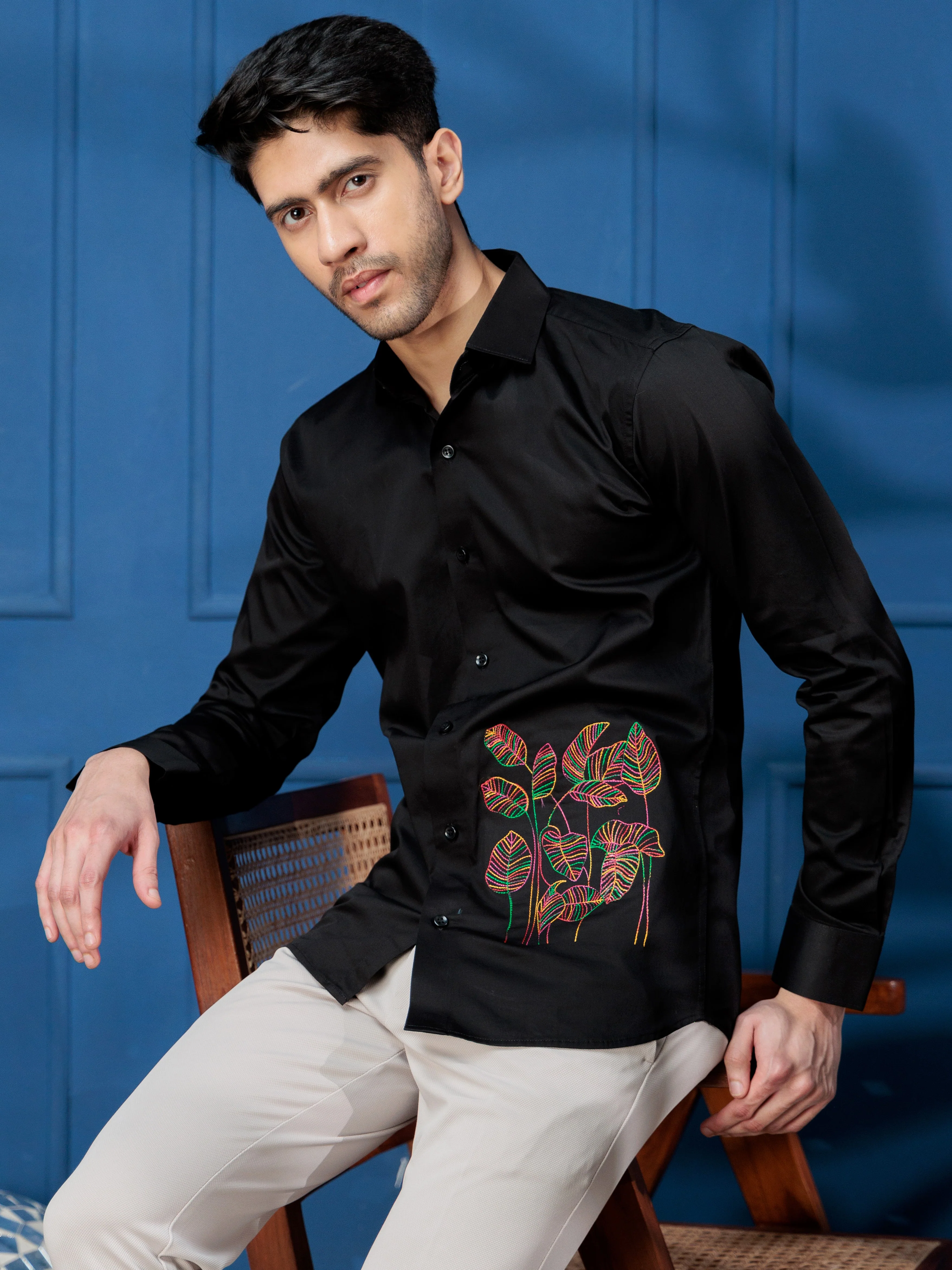 FOOMER LEAVES EMBROIDERED BLACK LUXURY COTTON SHIRT FOR MEN - Image 4