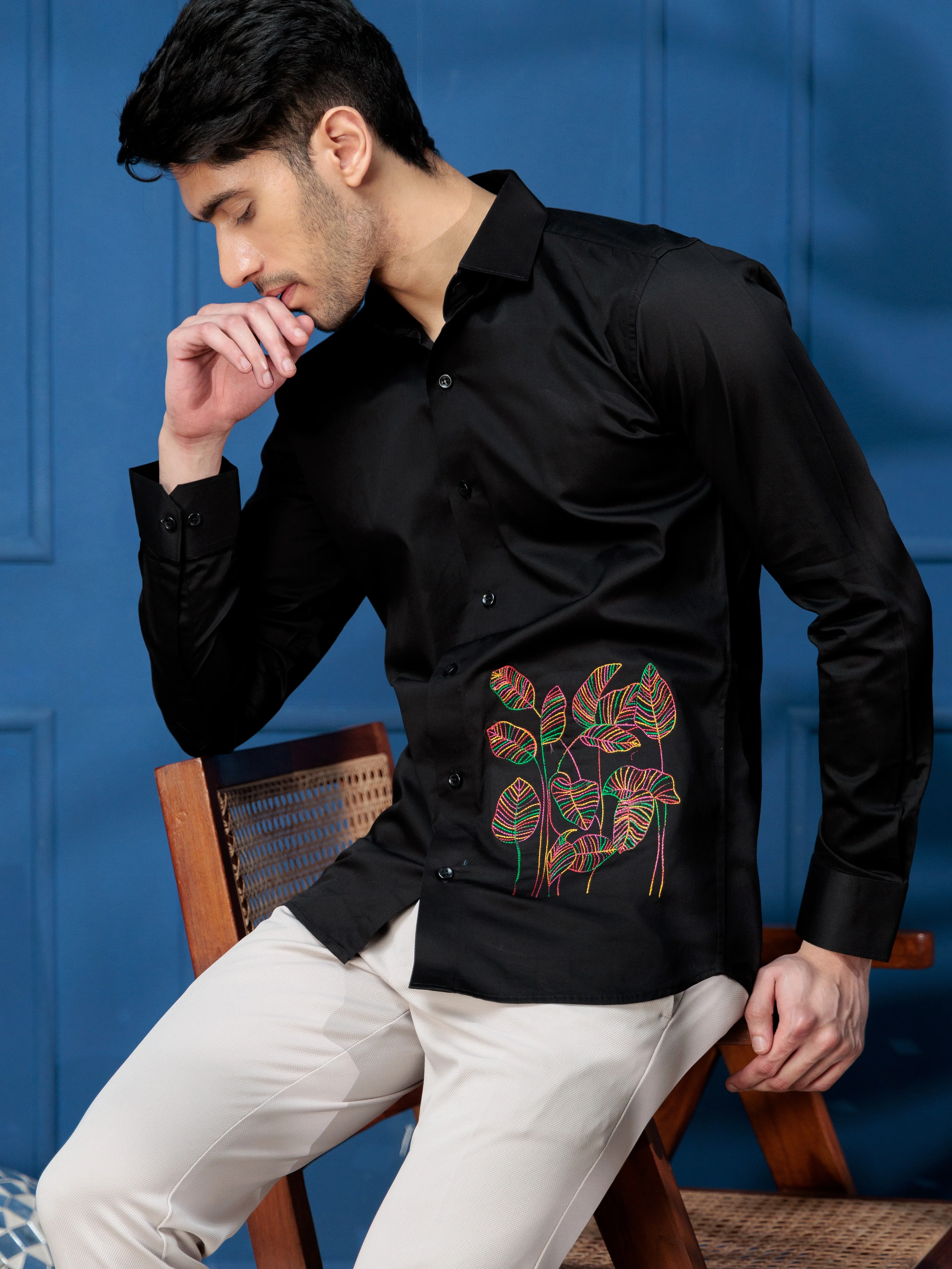 FOOMER LEAVES EMBROIDERED BLACK LUXURY COTTON SHIRT FOR MEN - Image 5
