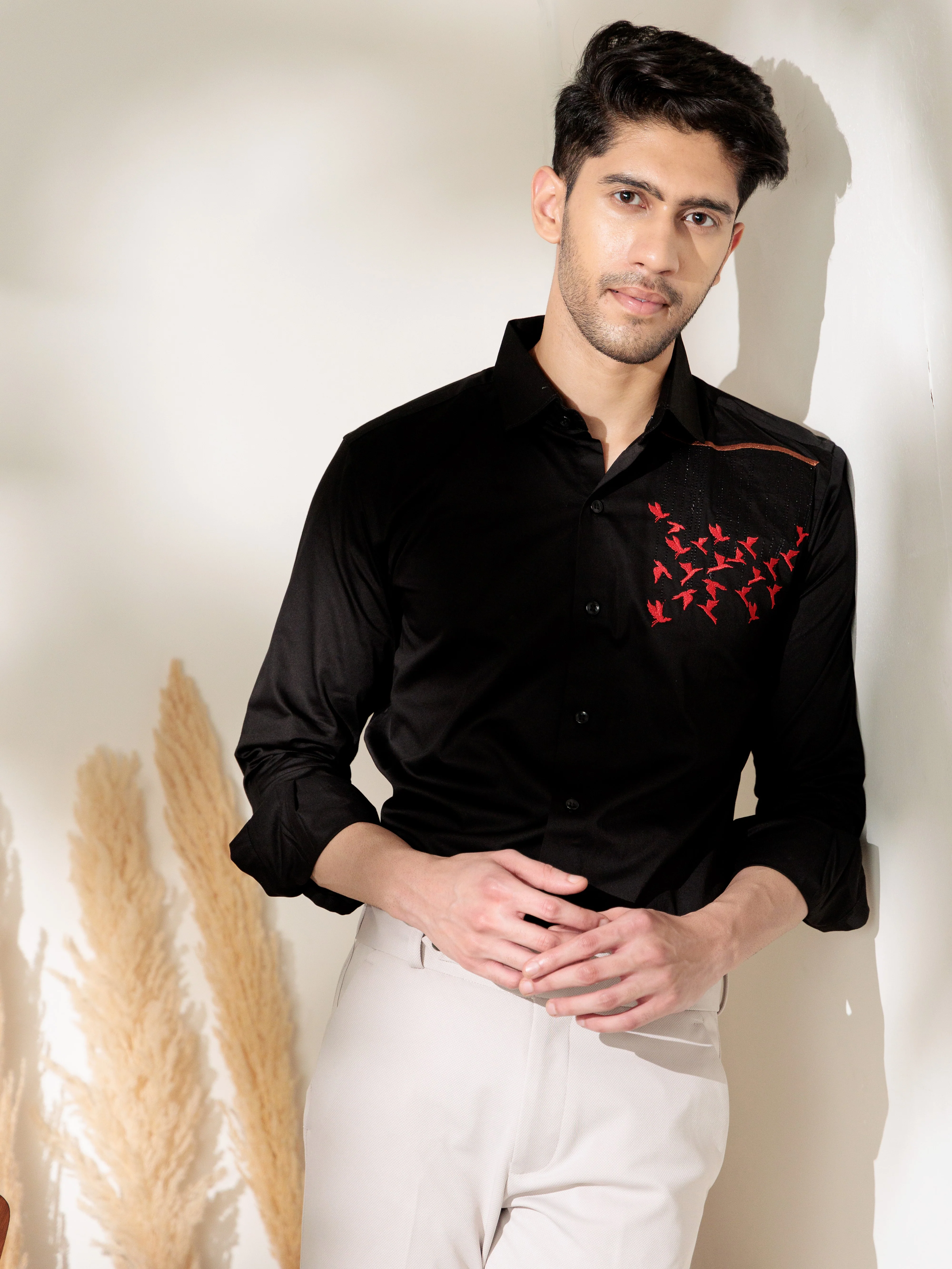 FOOMER BLACK EMBROIDERED DESIGNER WEAR SATIN COTTON SHIRT FOR MEN