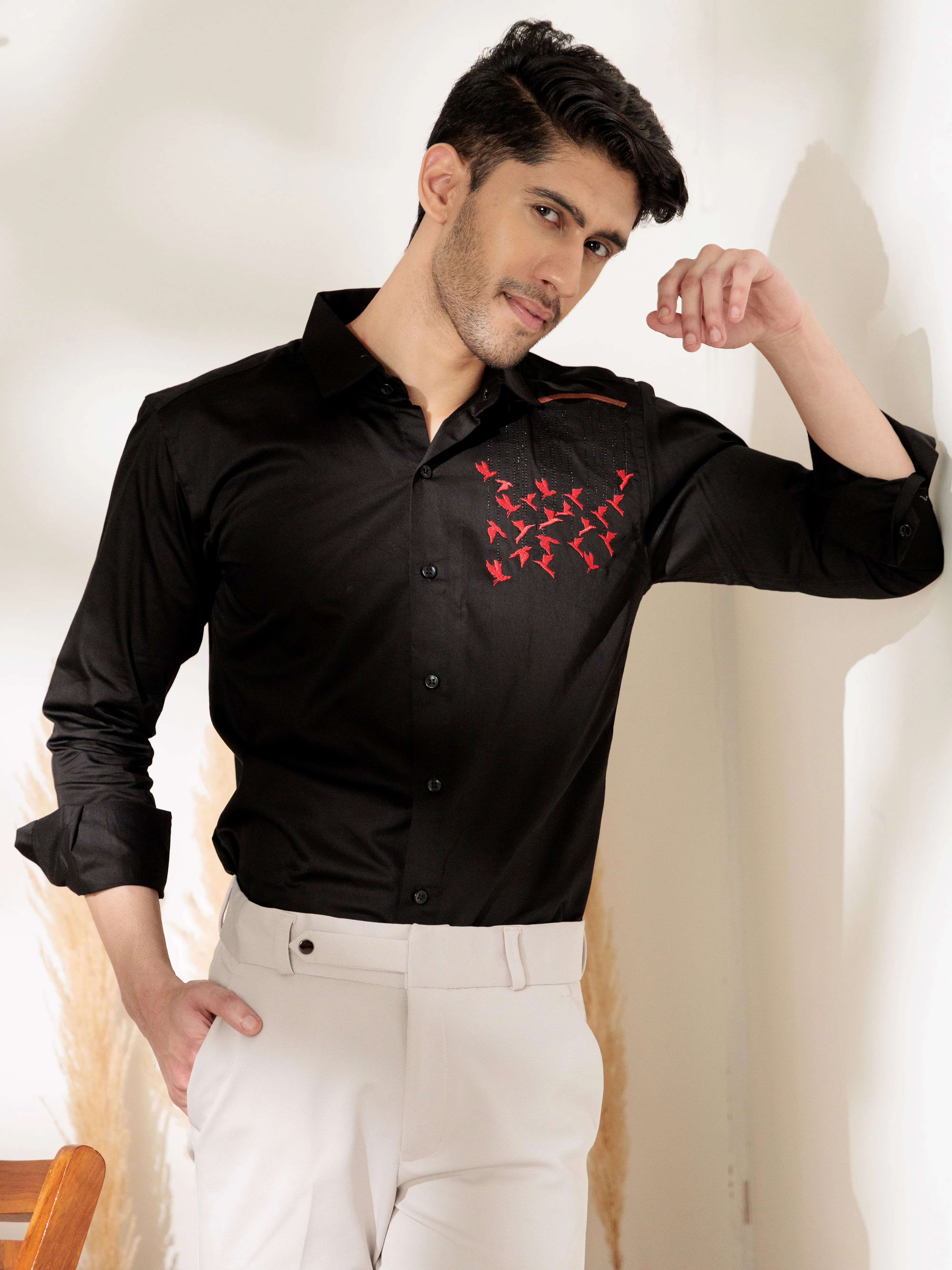 FOOMER BLACK EMBROIDERED DESIGNER WEAR SATIN COTTON SHIRT FOR MEN - Image 10